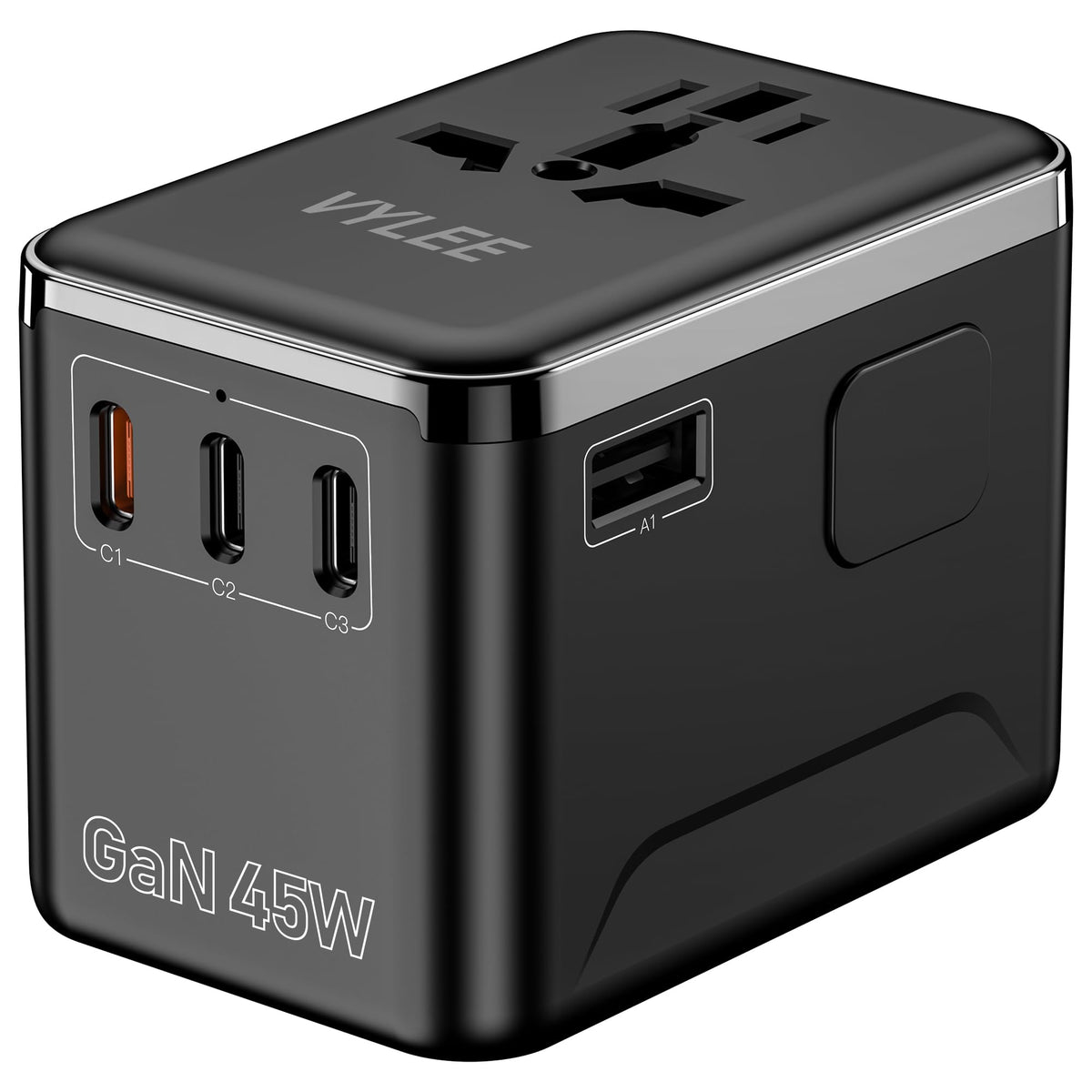 VYLEE universal travel adapter front view for global charging