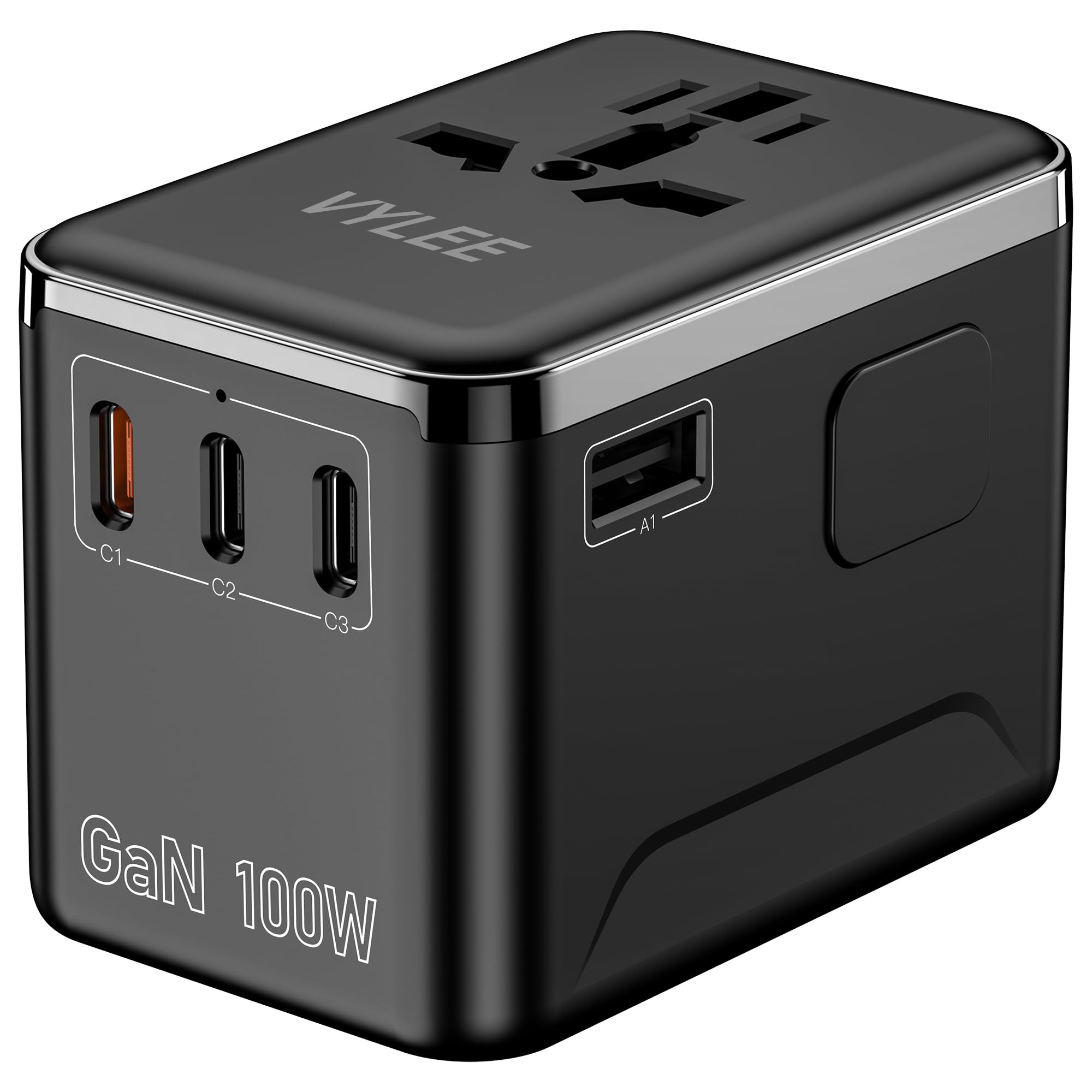 VYLEE Universal Travel Adapter with UK plug for worldwide charging on the go.