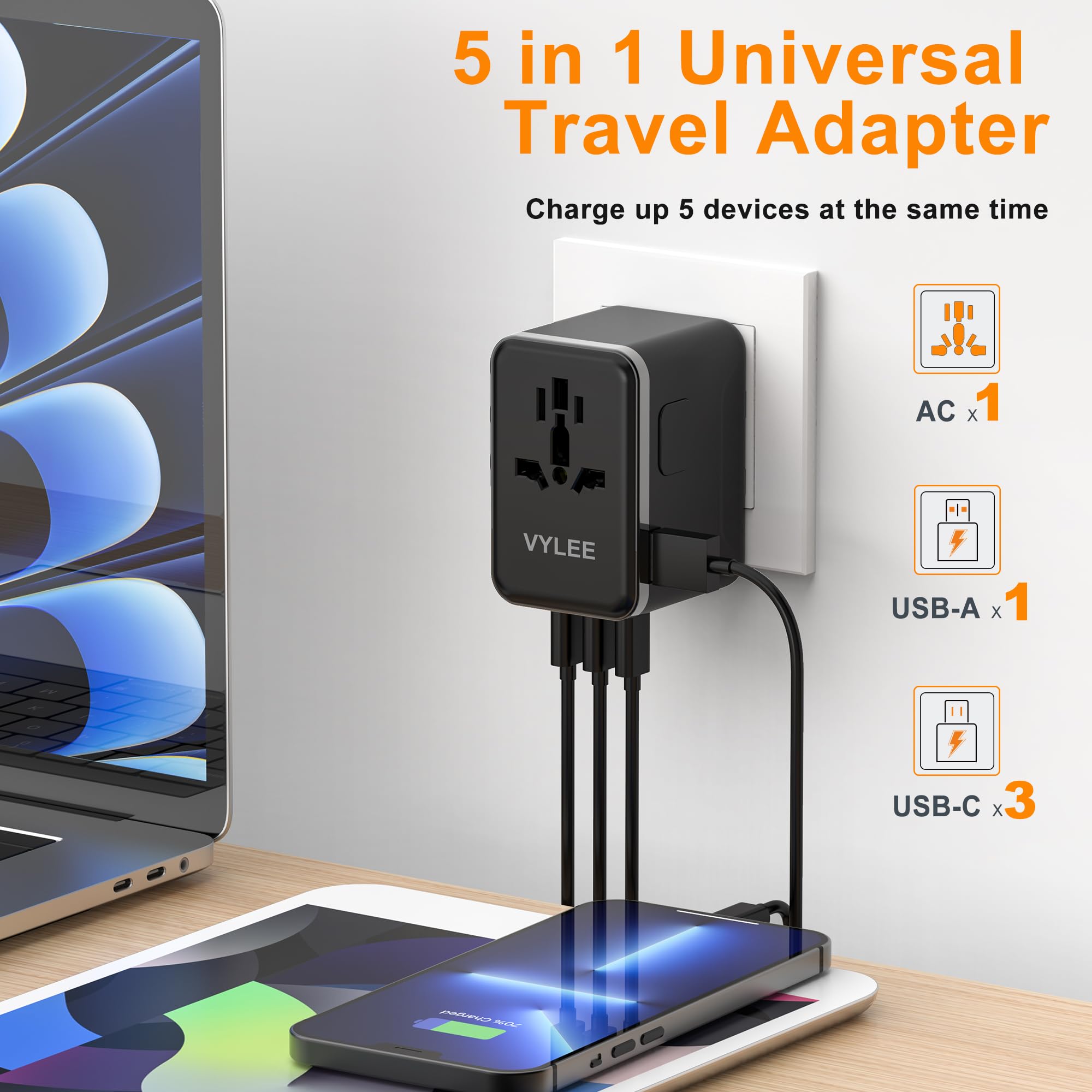 VYLEE universal travel adapter Type-A US port enables charging in many countries