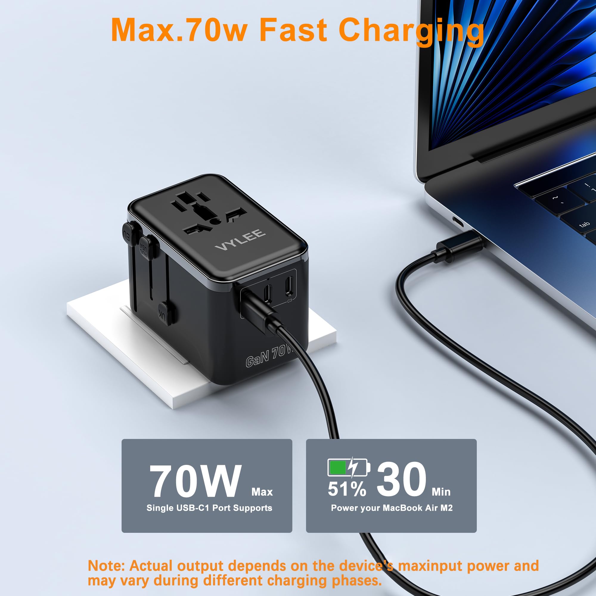 VYLEE USB-C PD ports enable fast charging on the go