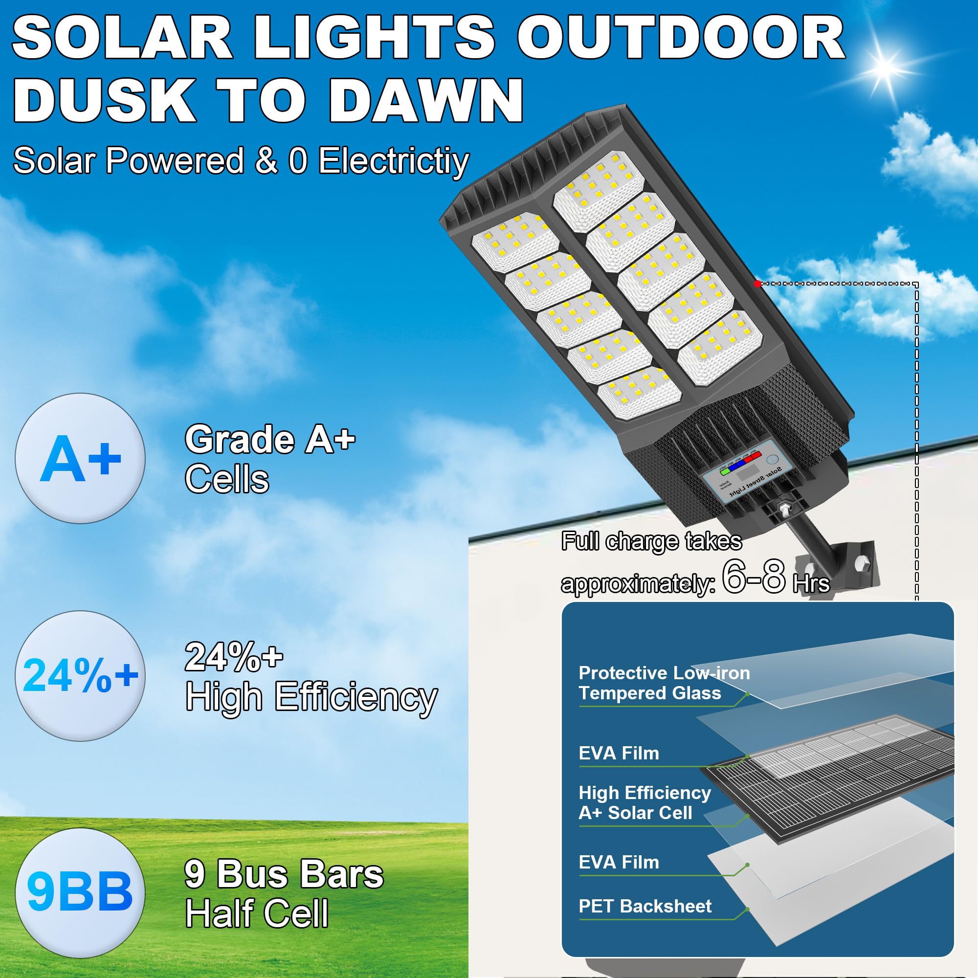 Vzyhik 6500W solar street light on a pole with easy outdoor installation.