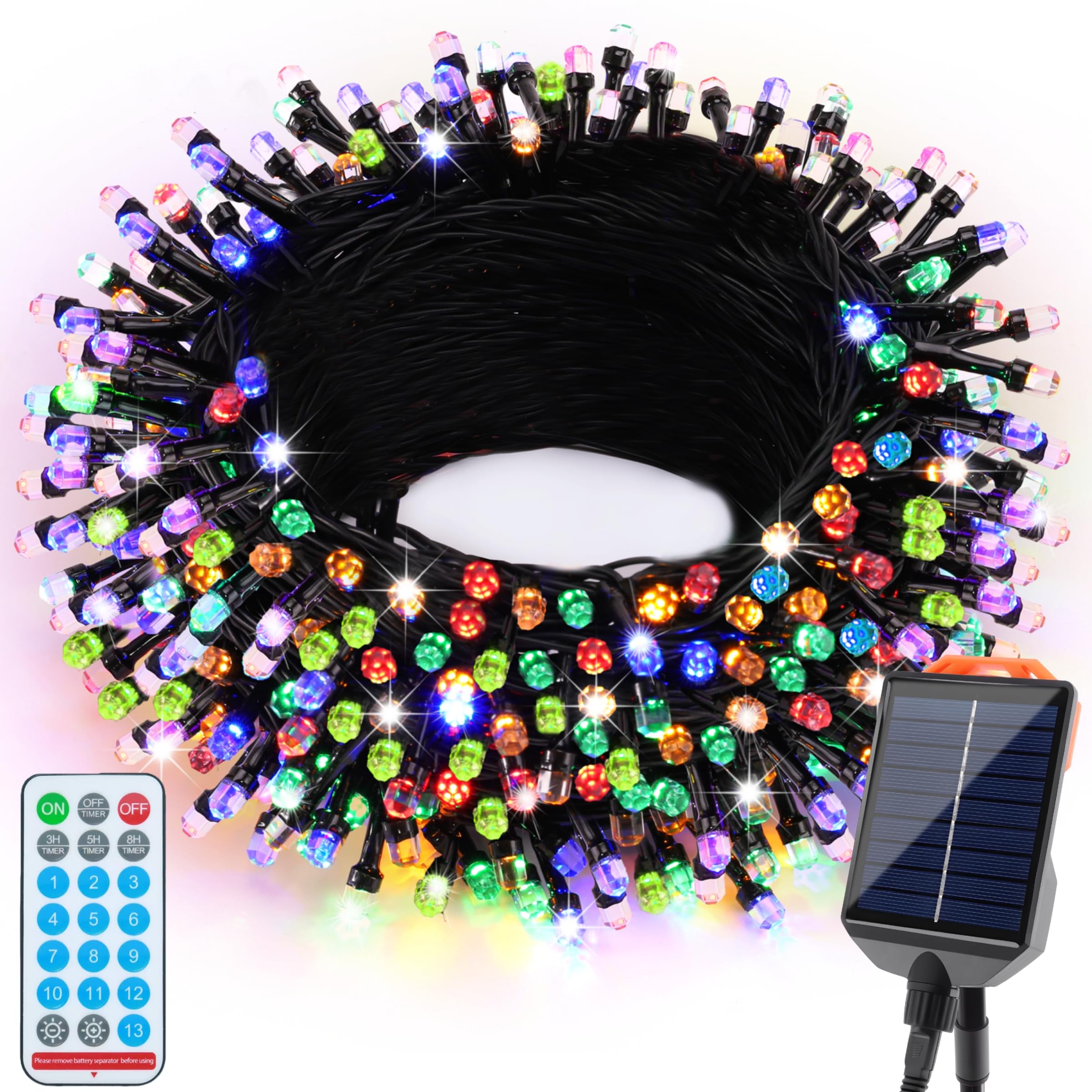 Wabarle solar Christmas lights on a tree, vibrant multicolor display for outdoor decor.
