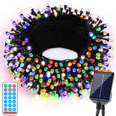 Wabarle solar Christmas lights on a tree, vibrant multicolor display for outdoor decor.