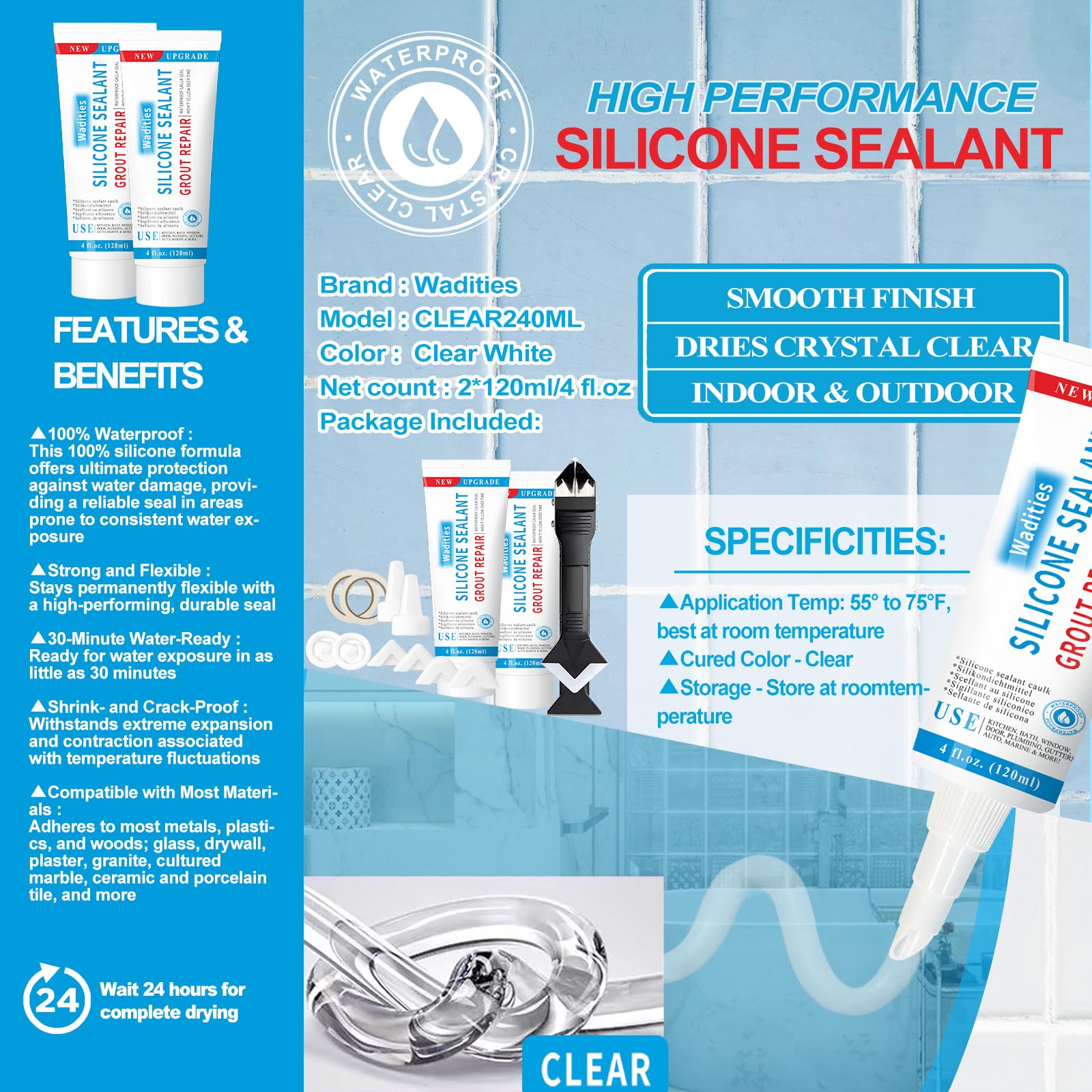 Wadities clear silicone sealant provides waterproof bathroom and kitchen seals