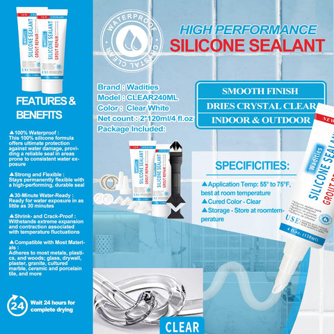 Wadities clear silicone sealant provides waterproof bathroom and kitchen seals