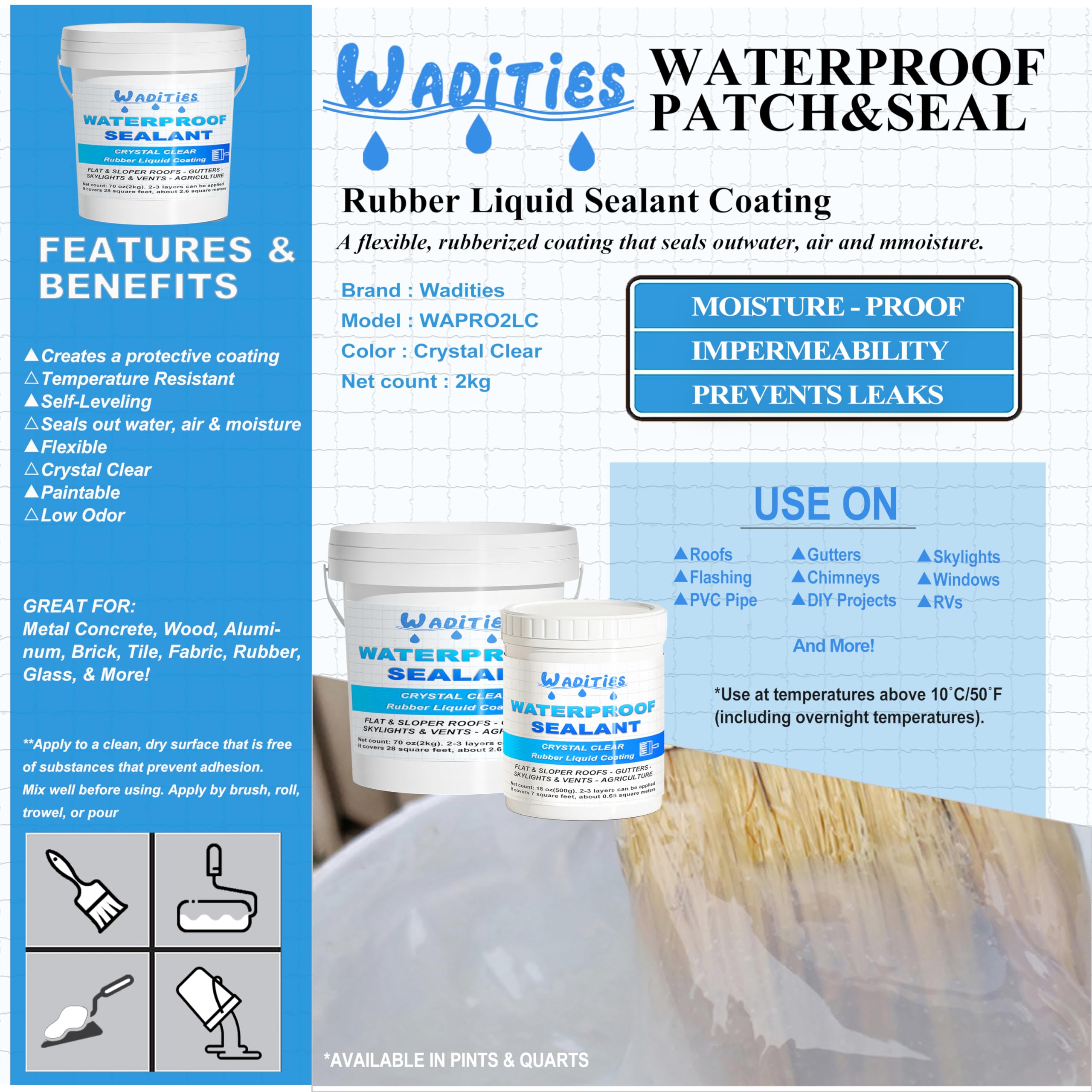 Wadities Waterproof Sealant Clear brush application highlights strong adhesion on cracks and leaks