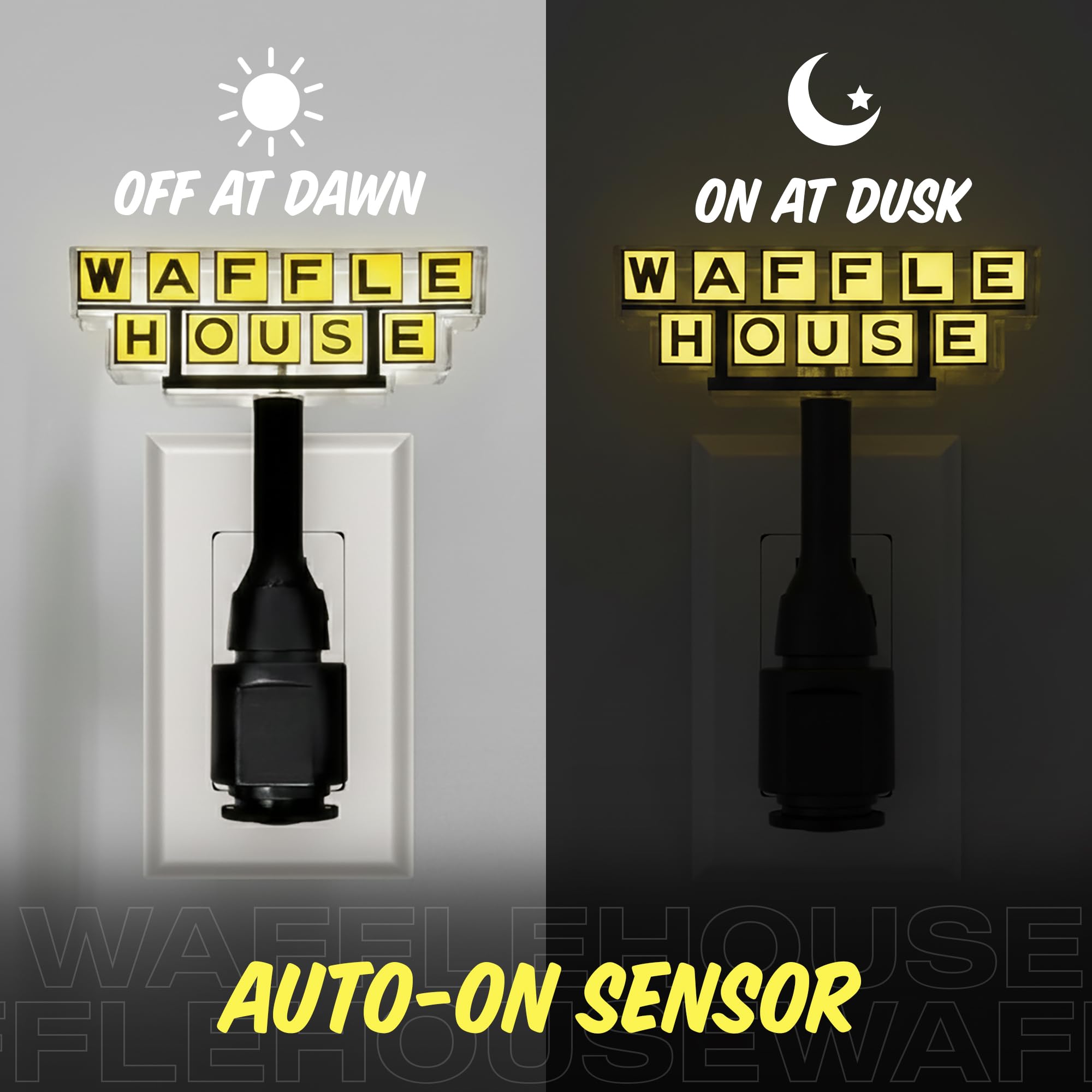 Waffle House auto-on sensor night light activates in dark rooms.
