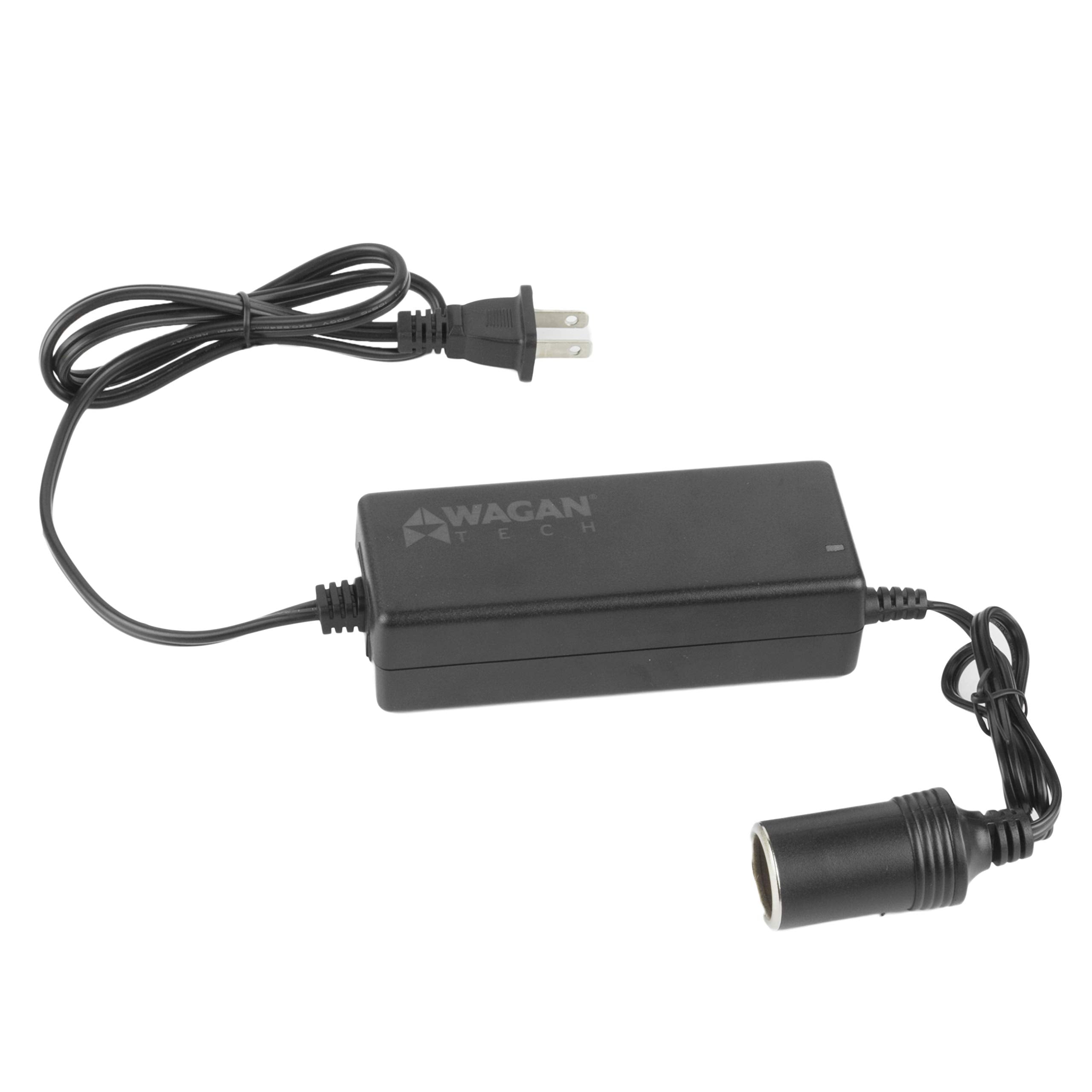 Wagan EL9903 AC-DC adapter powering 12V devices from a wall outlet