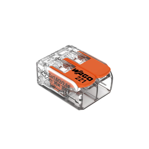 WAGO 221-612 lever-nuts with transparent housing for quick tool-free splicing.