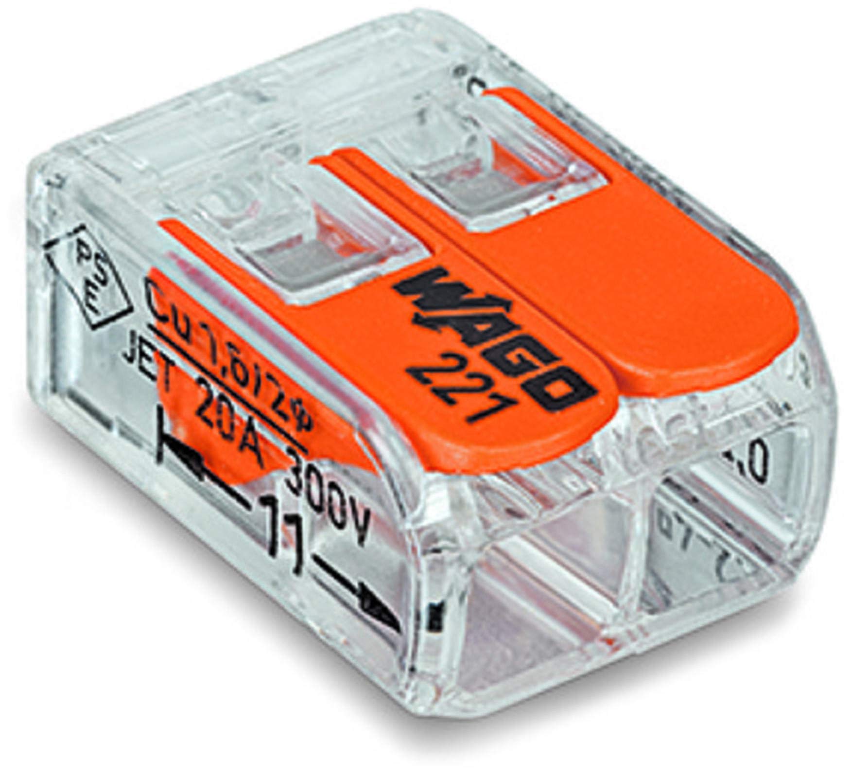 WAGO 221-412 two-conductor assembly with orange operating levers.
