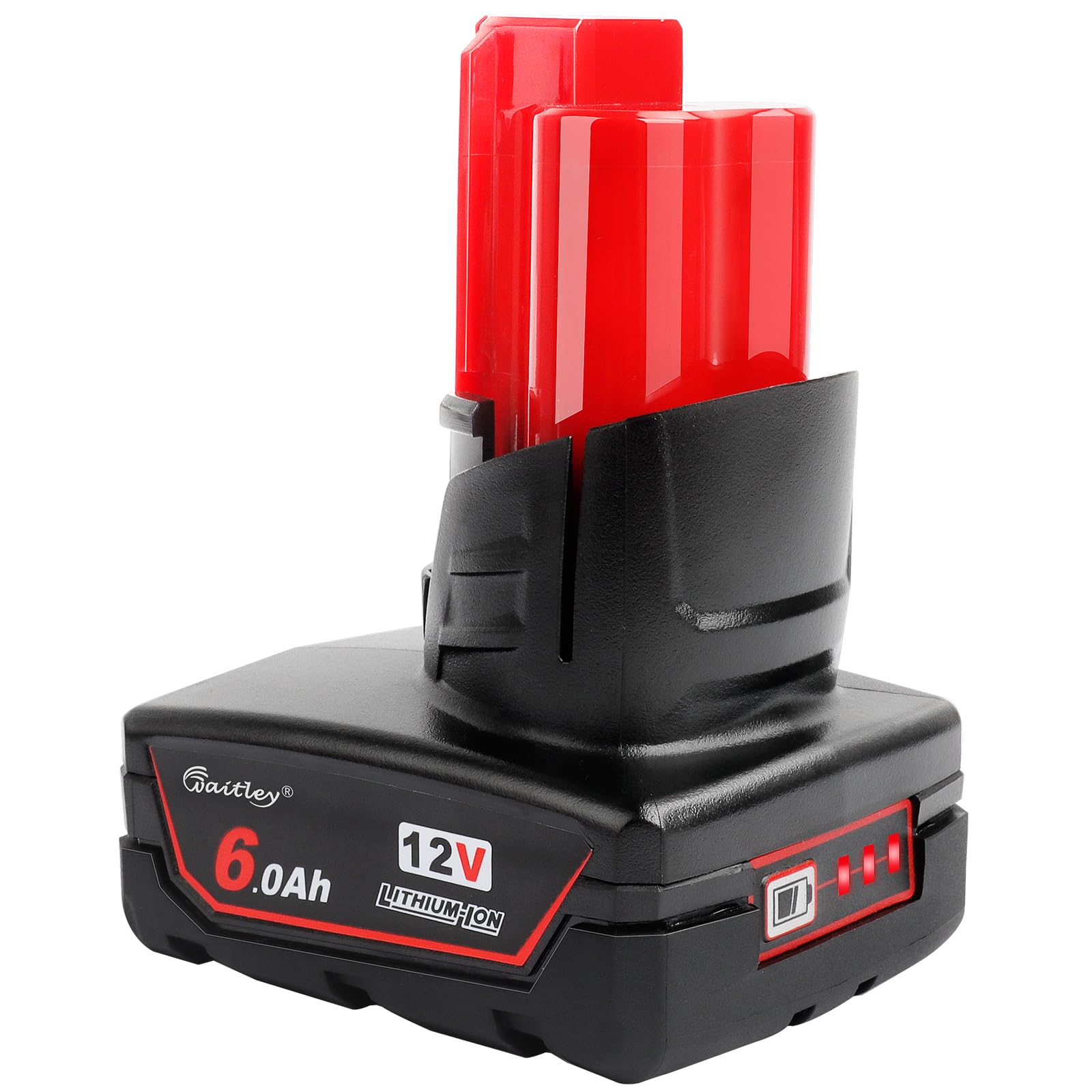 Waitley 12V 6Ah replacement battery front view for Milwaukee tools, extended run time.
