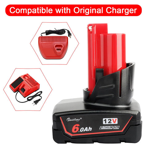 Waitley 12V 6Ah battery Milwaukee compatibility label for original tools and charger.