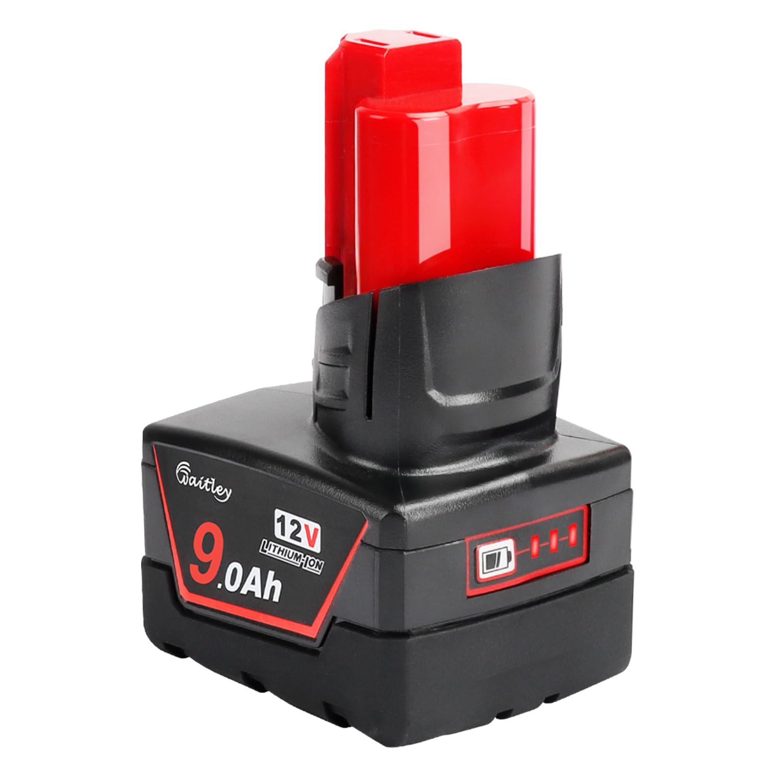 Waitley 12V 9Ah battery side view for extended tool runtime