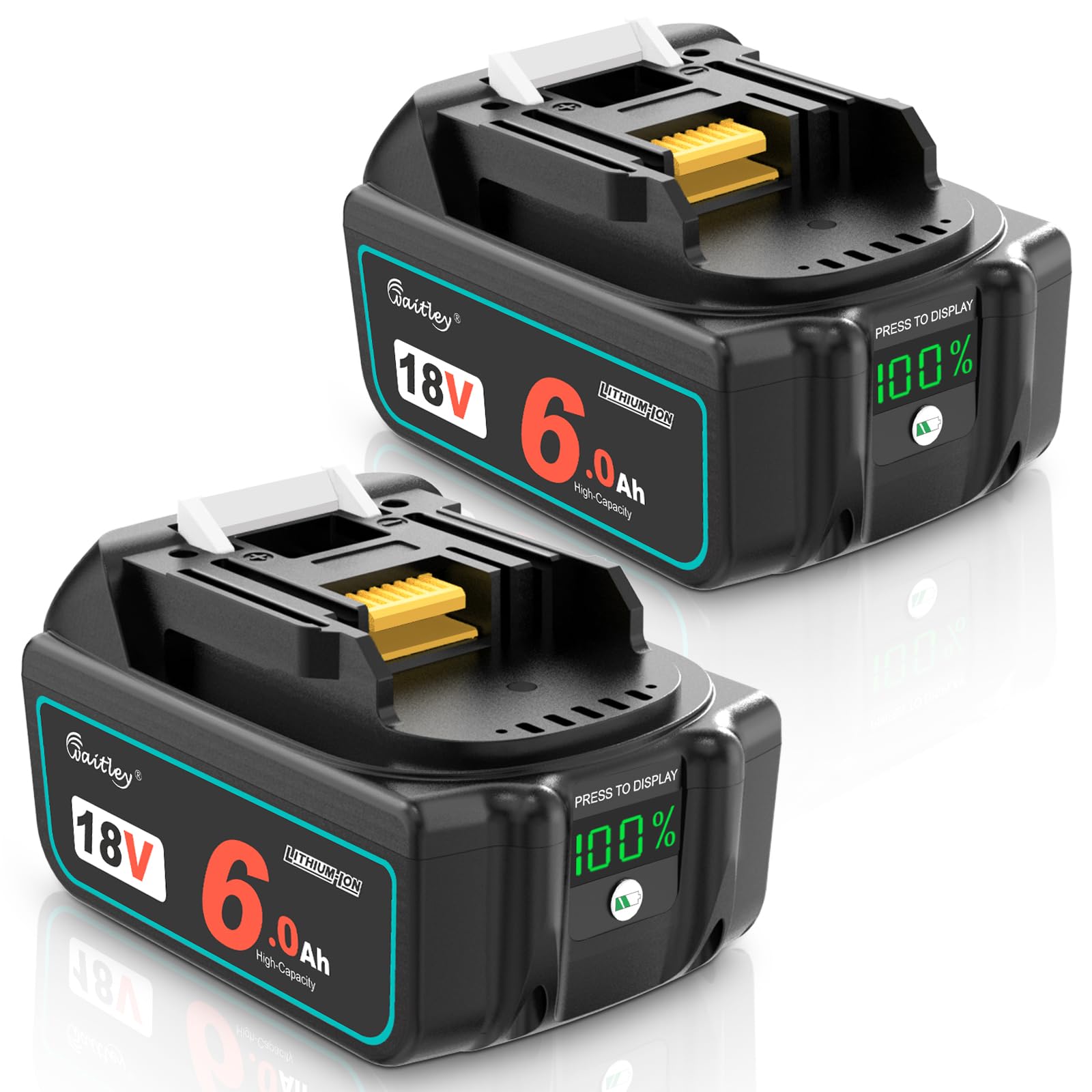 Waitley 18V 6.0Ah battery on a drill shows steady power for demanding tasks.
