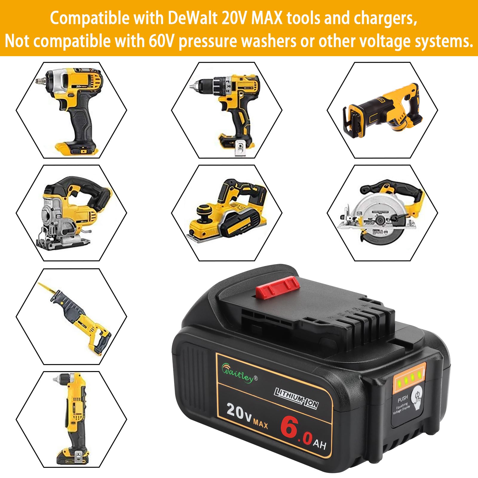 Waitley 20V 6.0Ah battery with after-sale support and warranty.