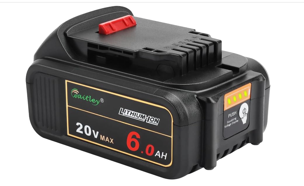 Waitley 20V 6.0Ah battery front view showing compact form and grip for extended power.
