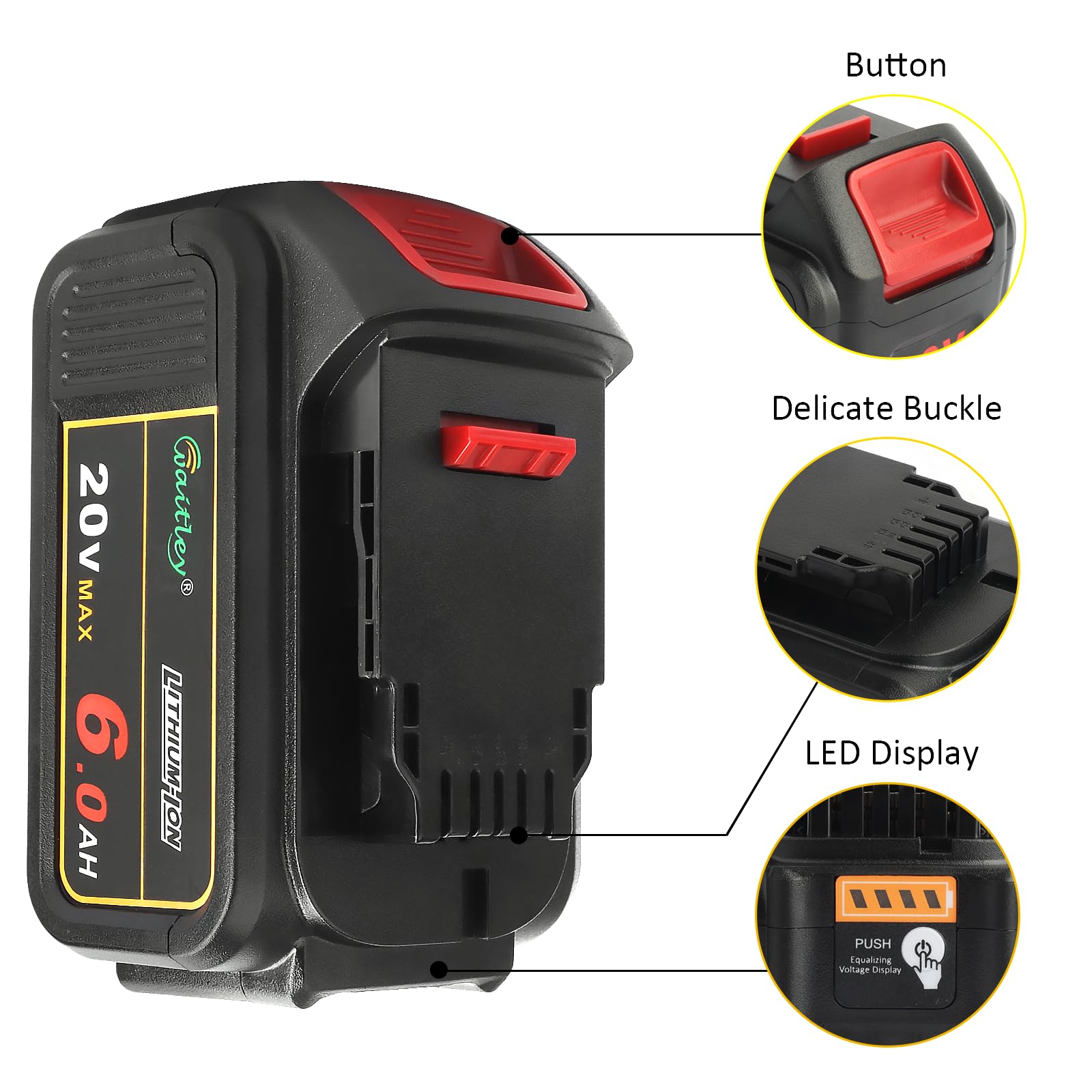 Waitley 4-pack 20V 6Ah battery compatible with Dewalt 20V DCB series tools