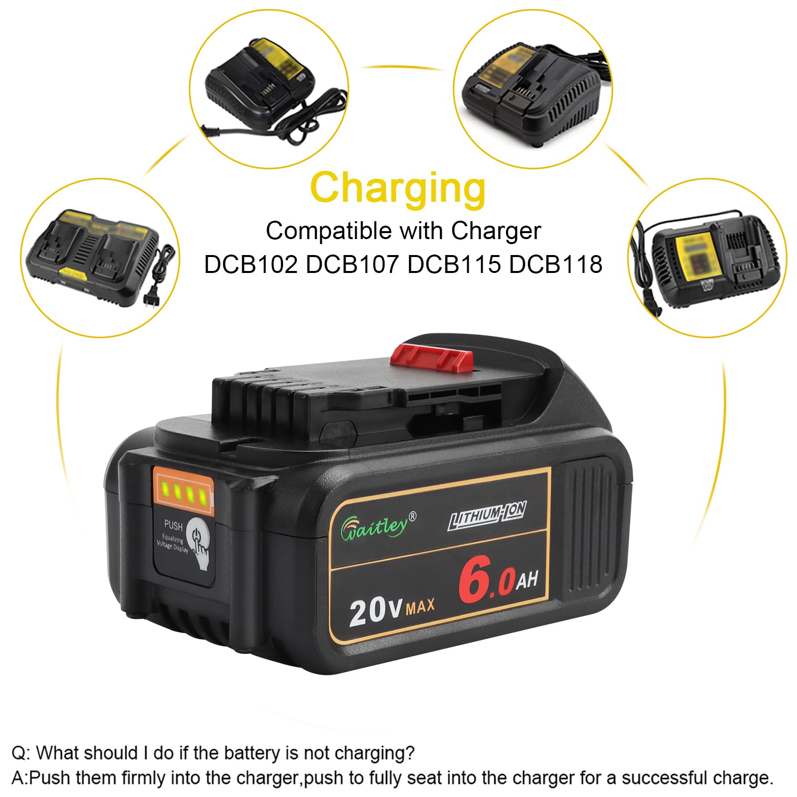 Waitley 4-pack 20V 6Ah battery set includes dust caps for added protection