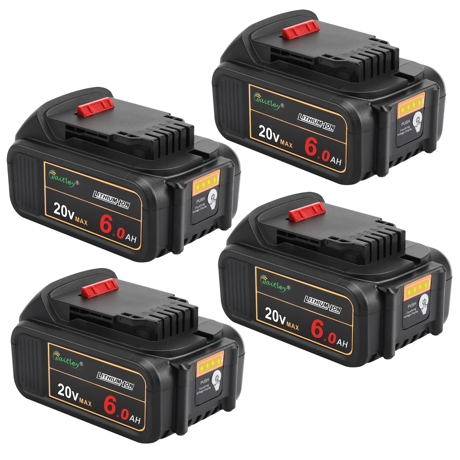 Waitley 4-pack 20V 6Ah battery with LED indicators for real-time power status