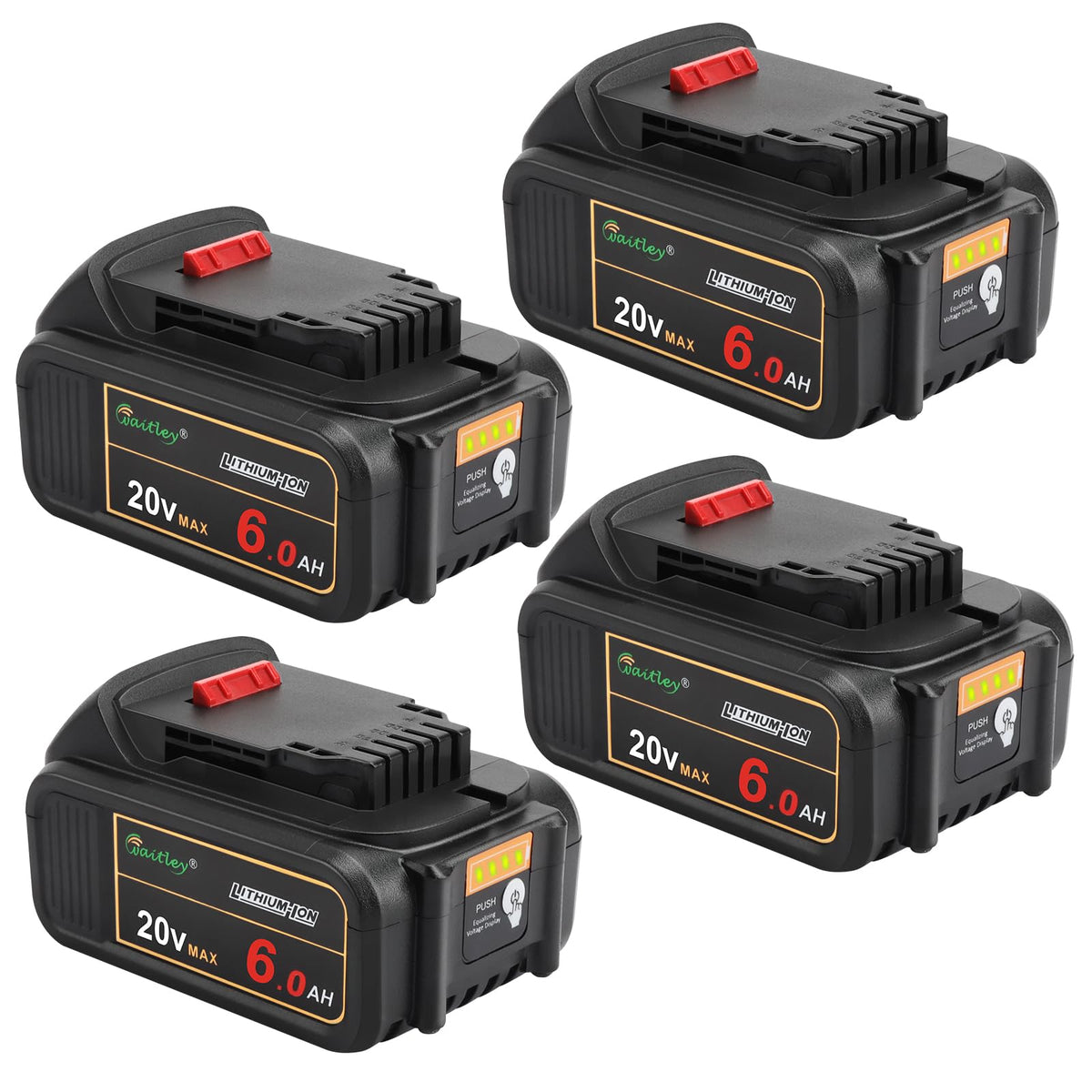 Waitley 4-pack 20V 6Ah battery with LED indicators for real-time power status