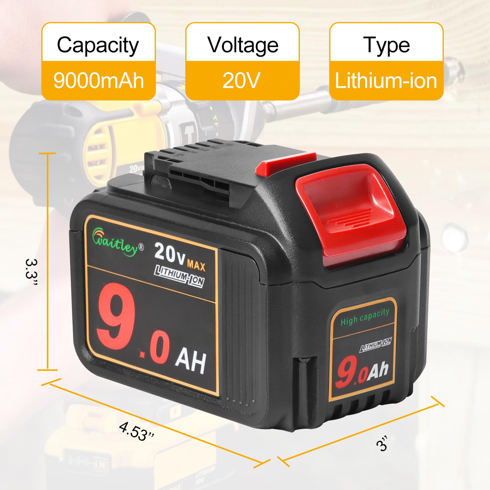Waitley 9000mAh high-capacity battery ready for longer tool runtimes.