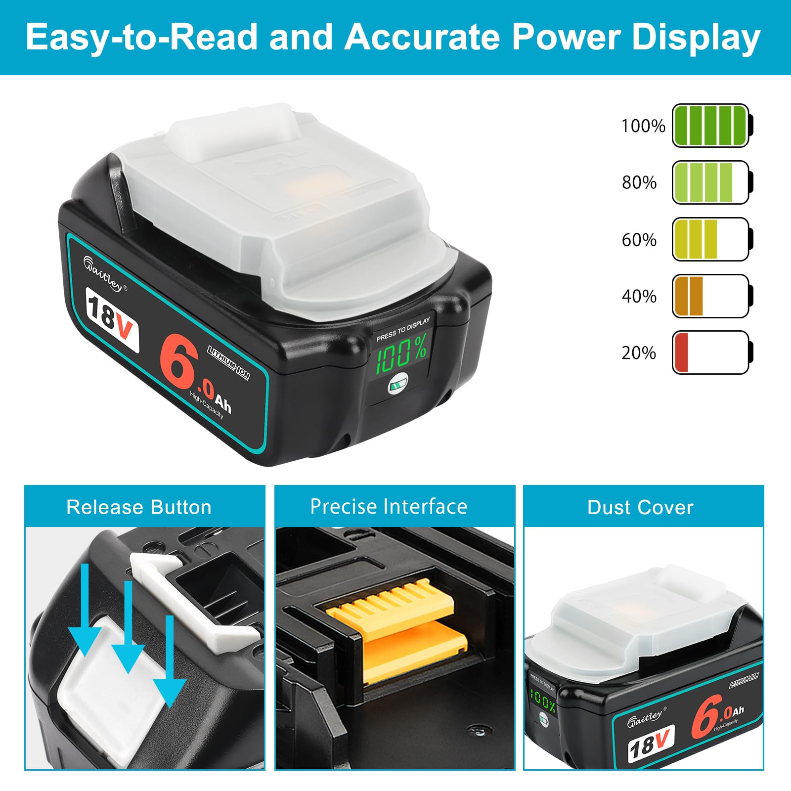 Waitley 18V battery compatible with Makita tools and chargers for versatile use.