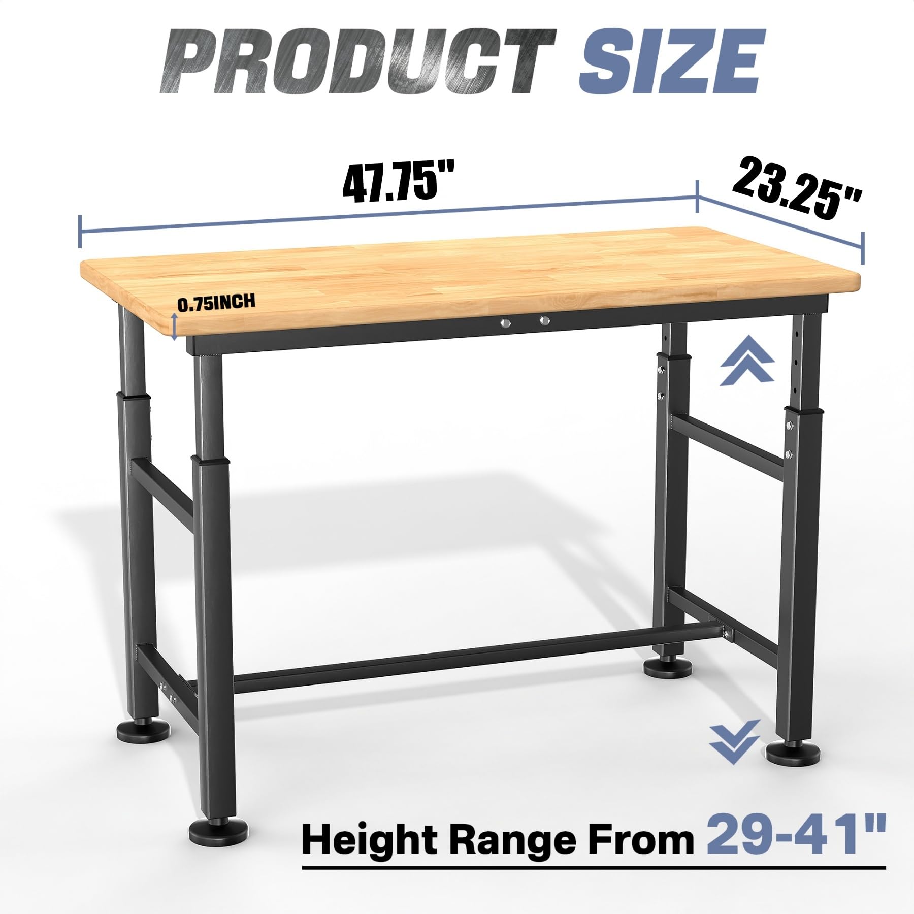 WALMANN adjustable-height legs (29 to 41 inches) support sitting or standing work.