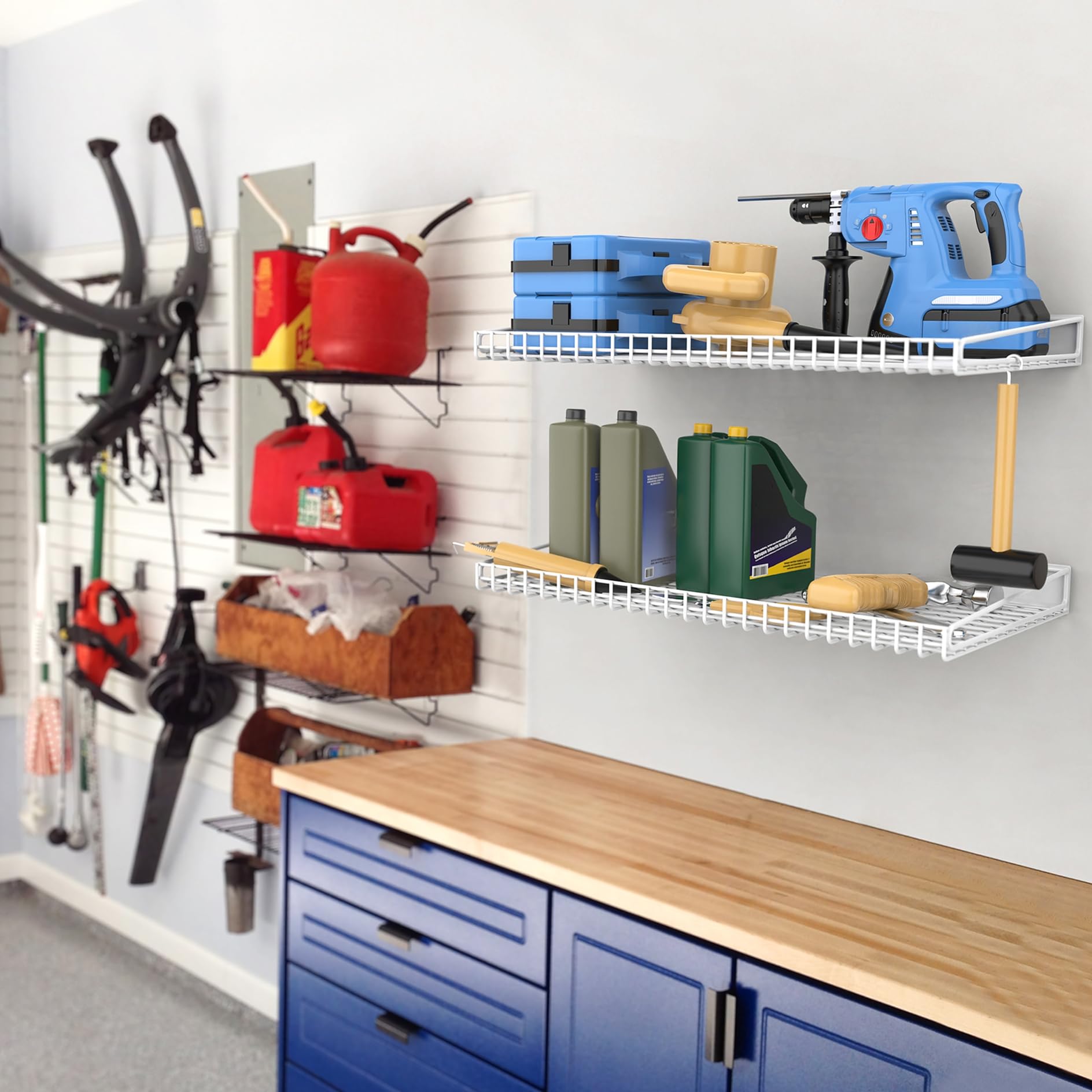 Waldmann garage wall shelf white side view showing sturdy mounting.