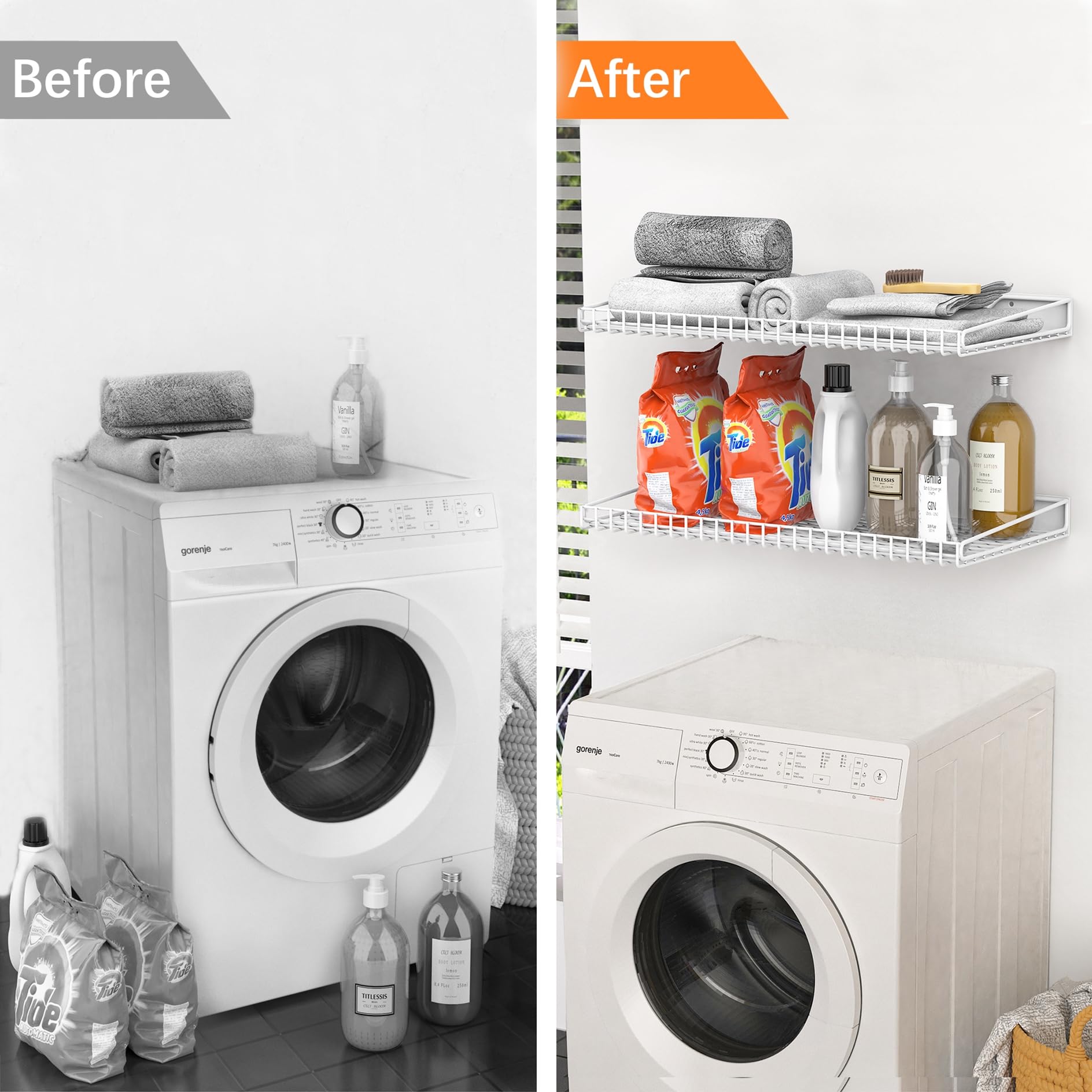 Waldmann shelf in laundry room for efficient utility storage.