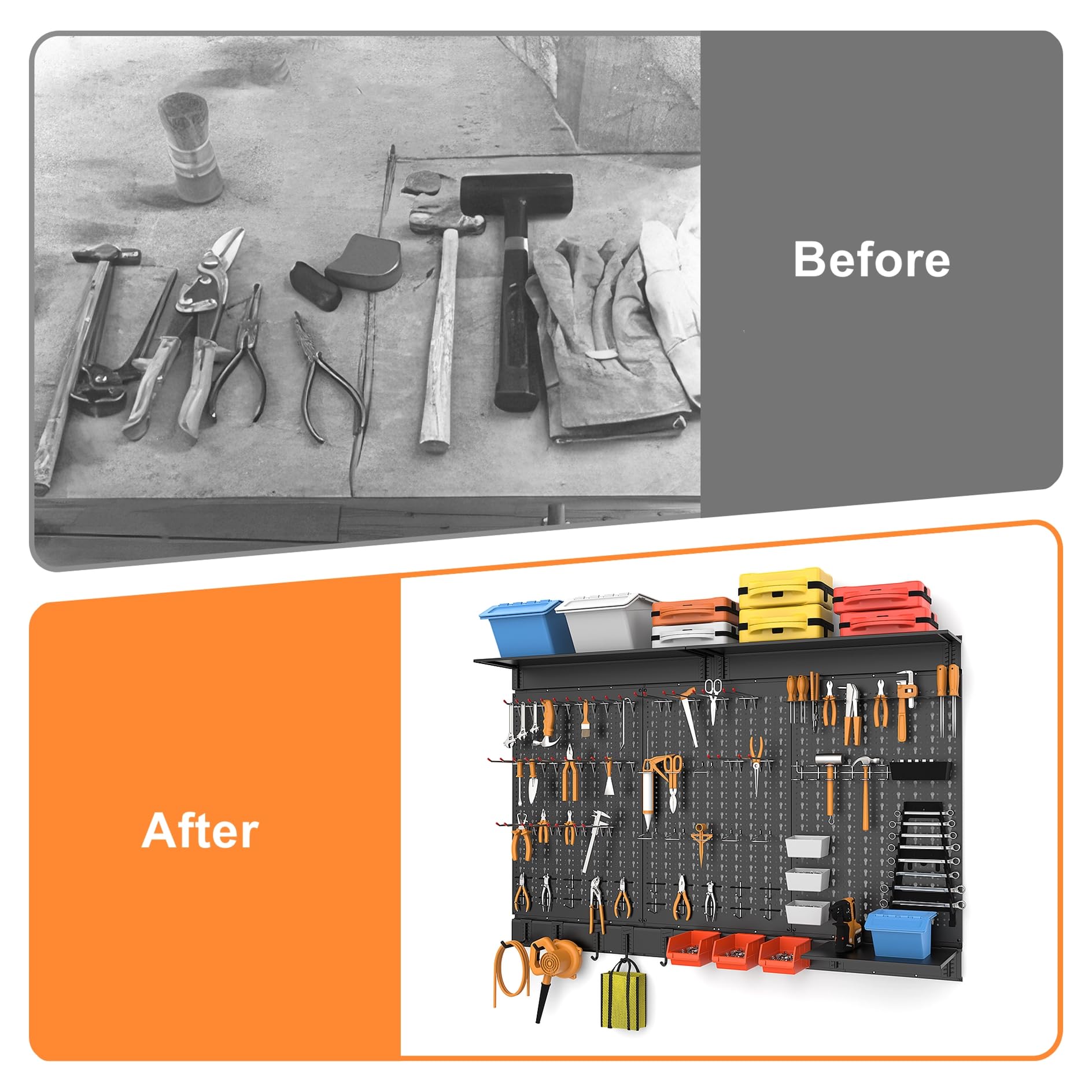 Waldmann tool organization setup on a sturdy black pegboard wall.