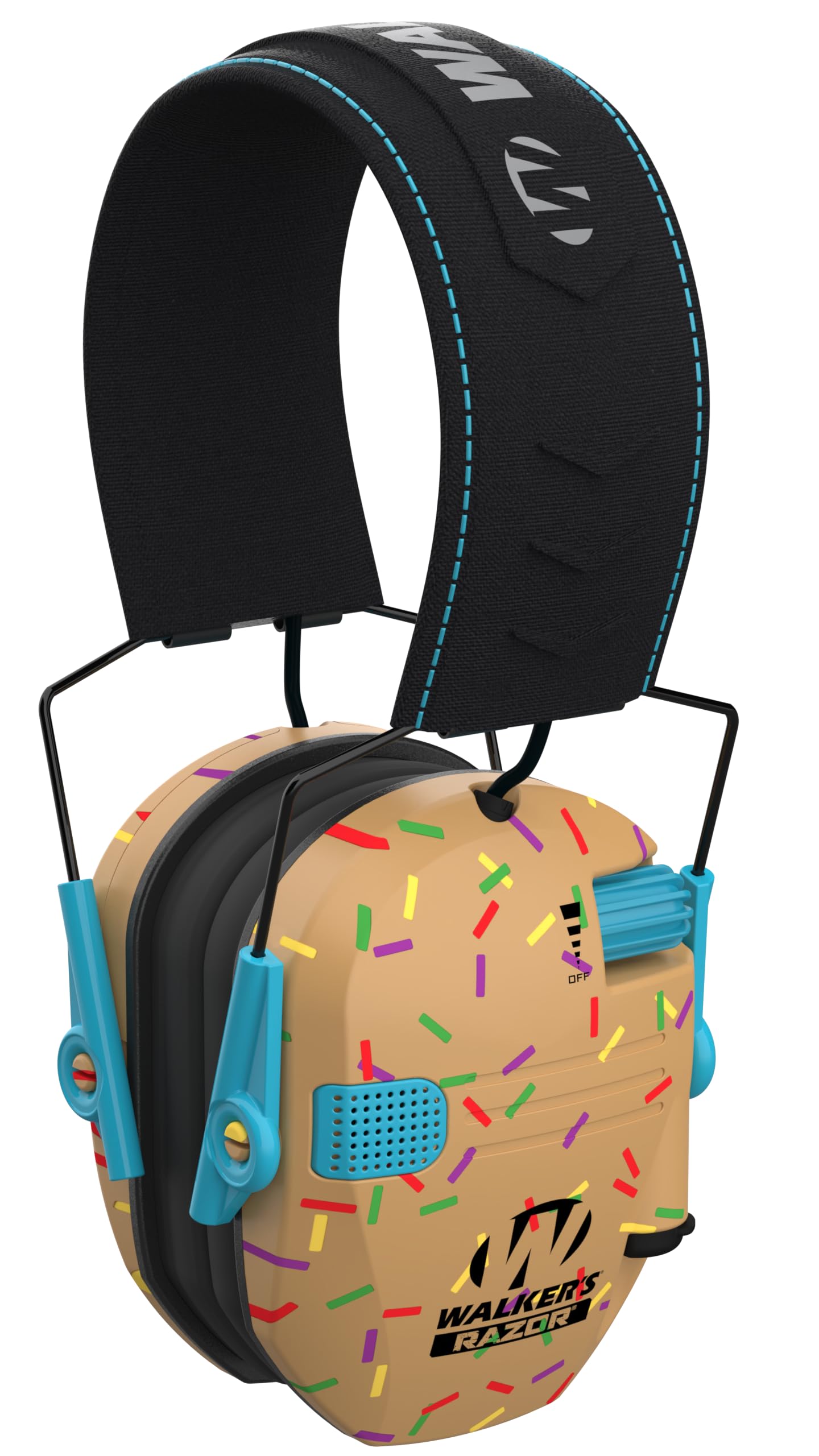 Walker's Razor Earmuffs front view with golden-brown sprinkles, slim cups, and secure fit.