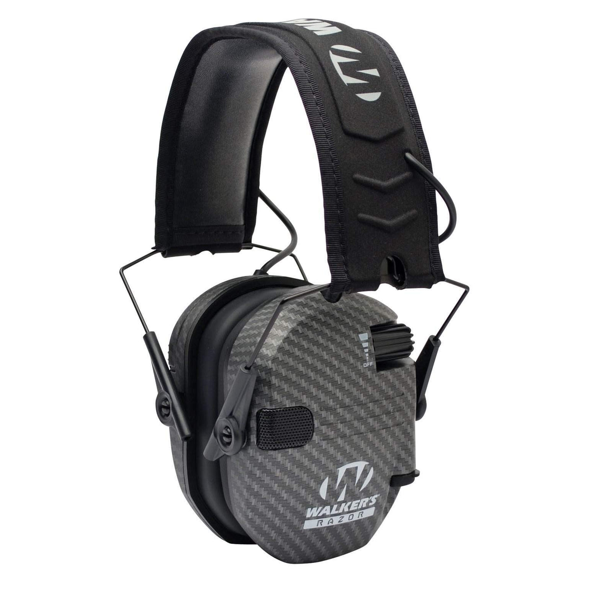Walker's Gear Razor Ear Muffs carbon outer view showing secure hearing protection