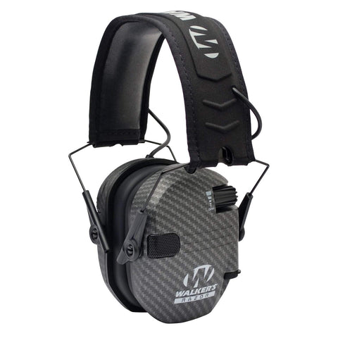 Walker's Gear Razor Ear Muffs carbon outer view showing secure hearing protection