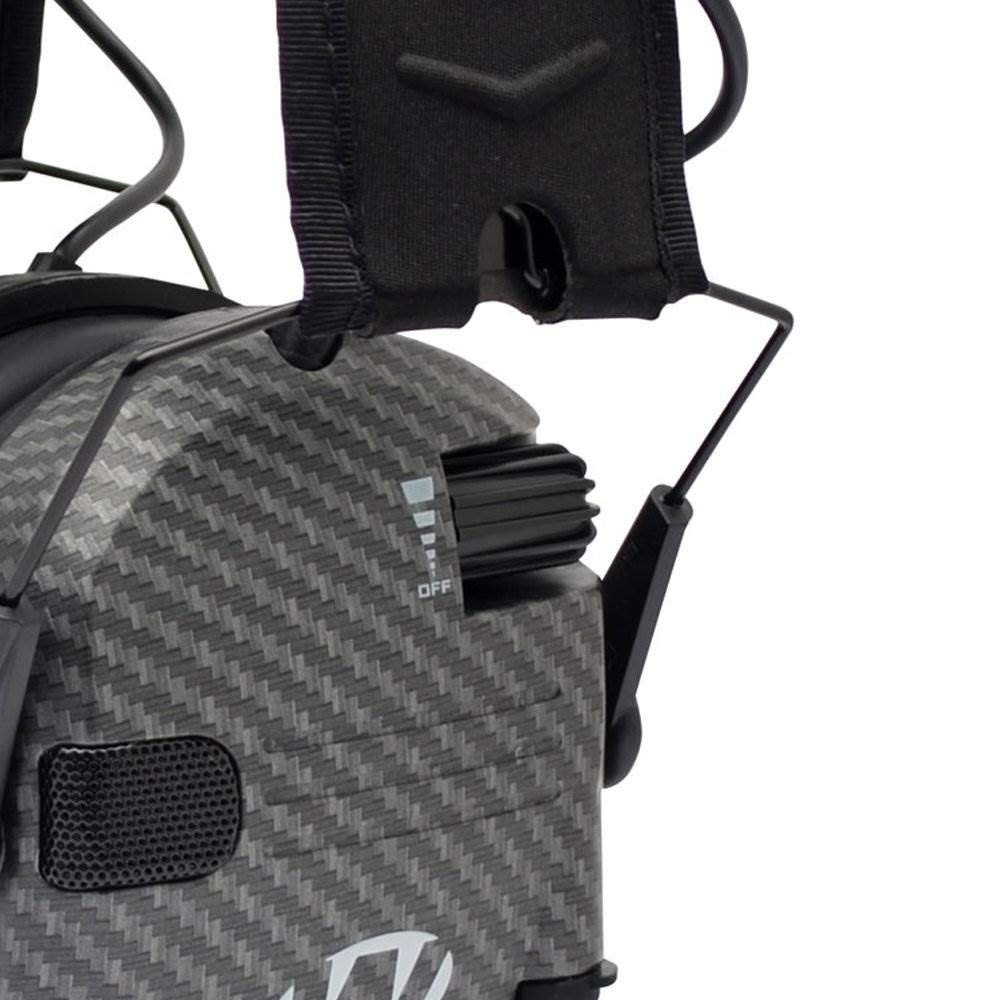 Walker's Gear Razor Ear Muffs carbon side view with volume control knob for easy adjustments