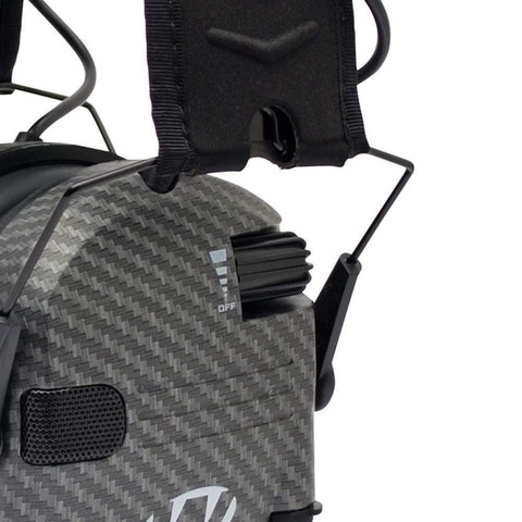 Walker's Gear Razor Ear Muffs carbon side view with volume control knob for easy adjustments