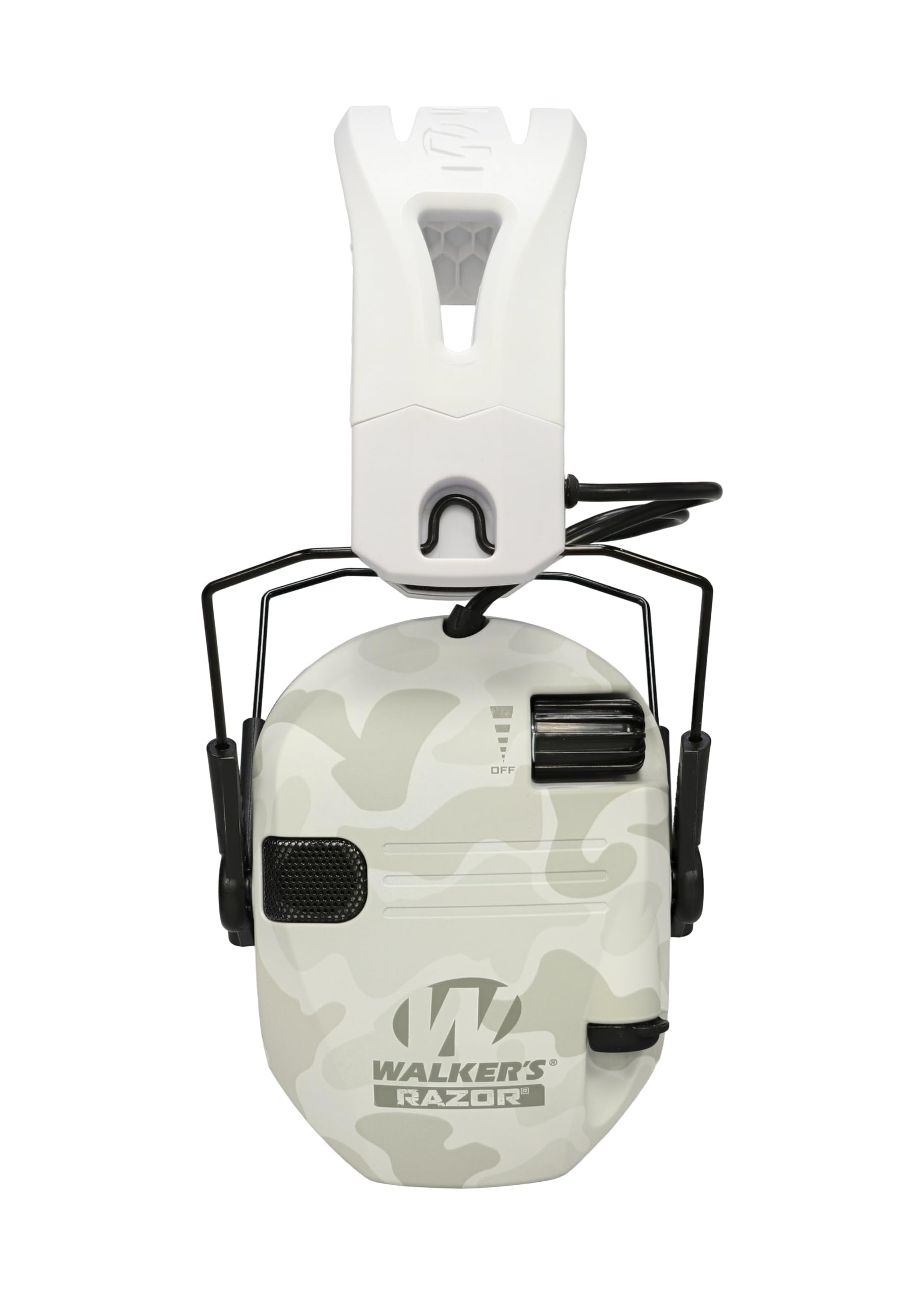 Walker's Razor 3.5 mm input supports external audio devices in ghost camo.