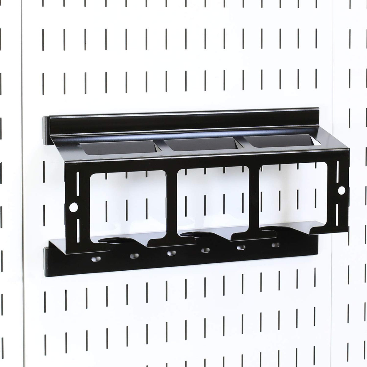 Wall Control drill holder pegboard front-view keeps drills secured.
