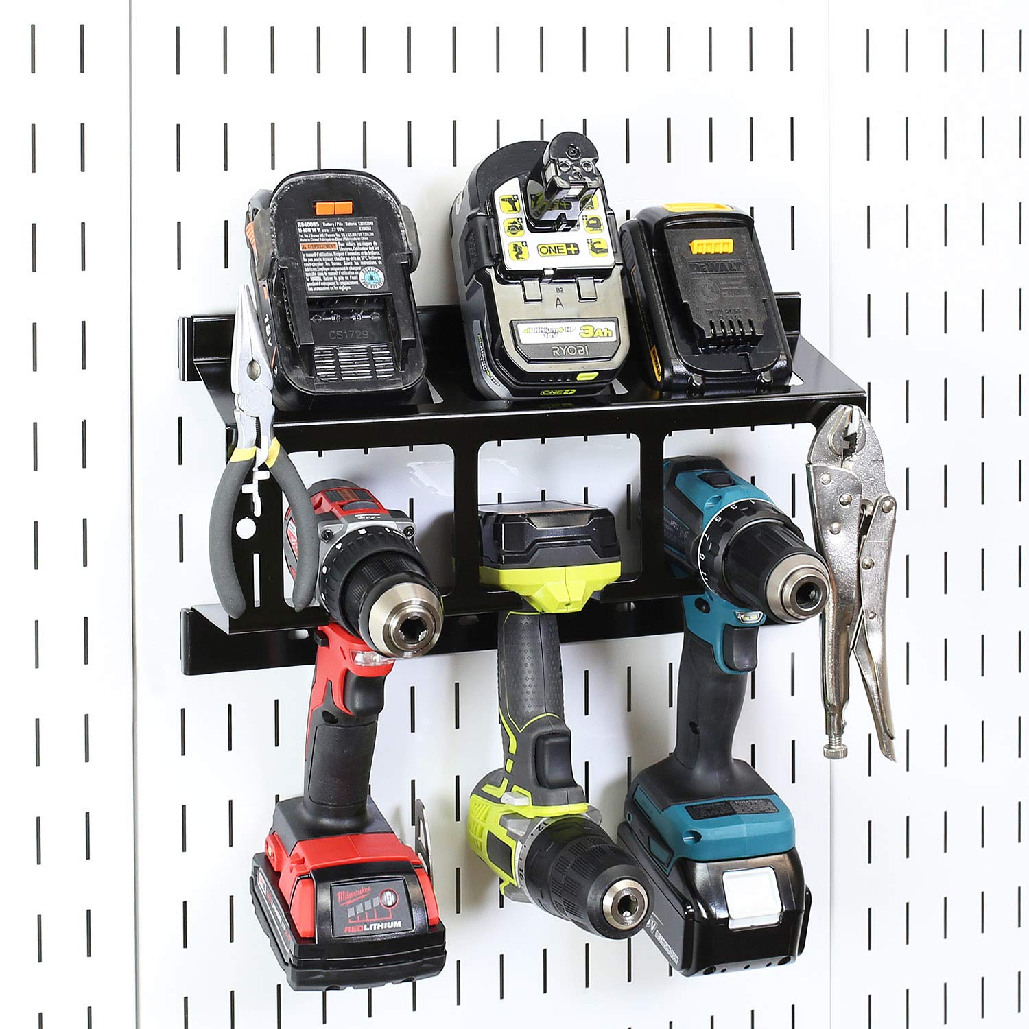 Wall Control drill holder pegboard side-view shows three drill bays.