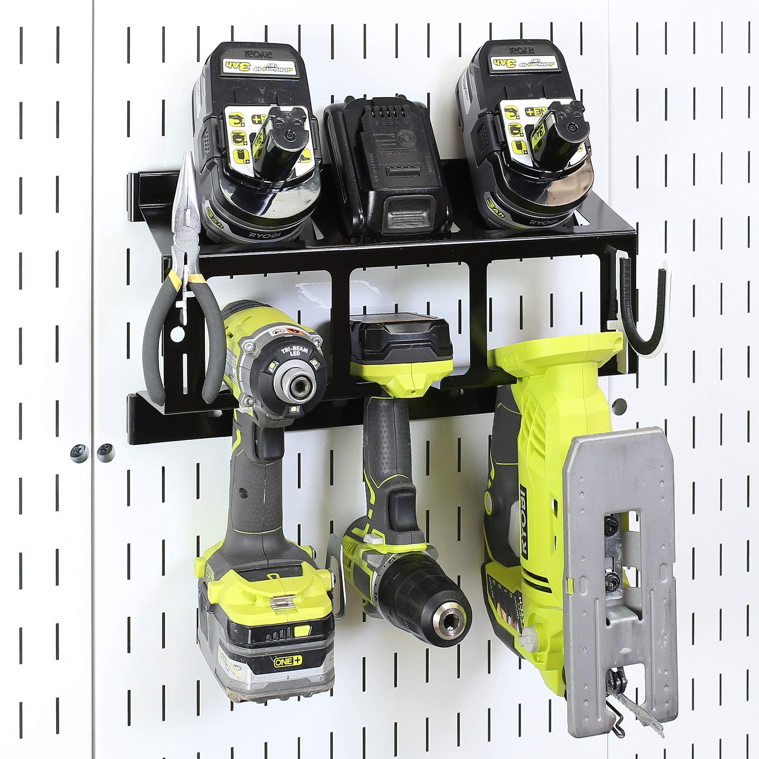 Wall Control battery-slots feature for cordless drill batteries.