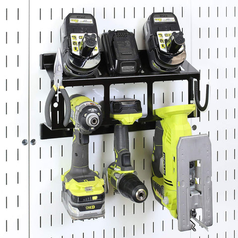 Wall Control battery-slots feature for cordless drill batteries.