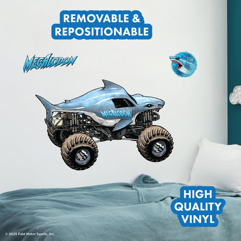 Wall Palz Megalodon logo decal enhances authentic Monster Jam branding on smooth surfaces