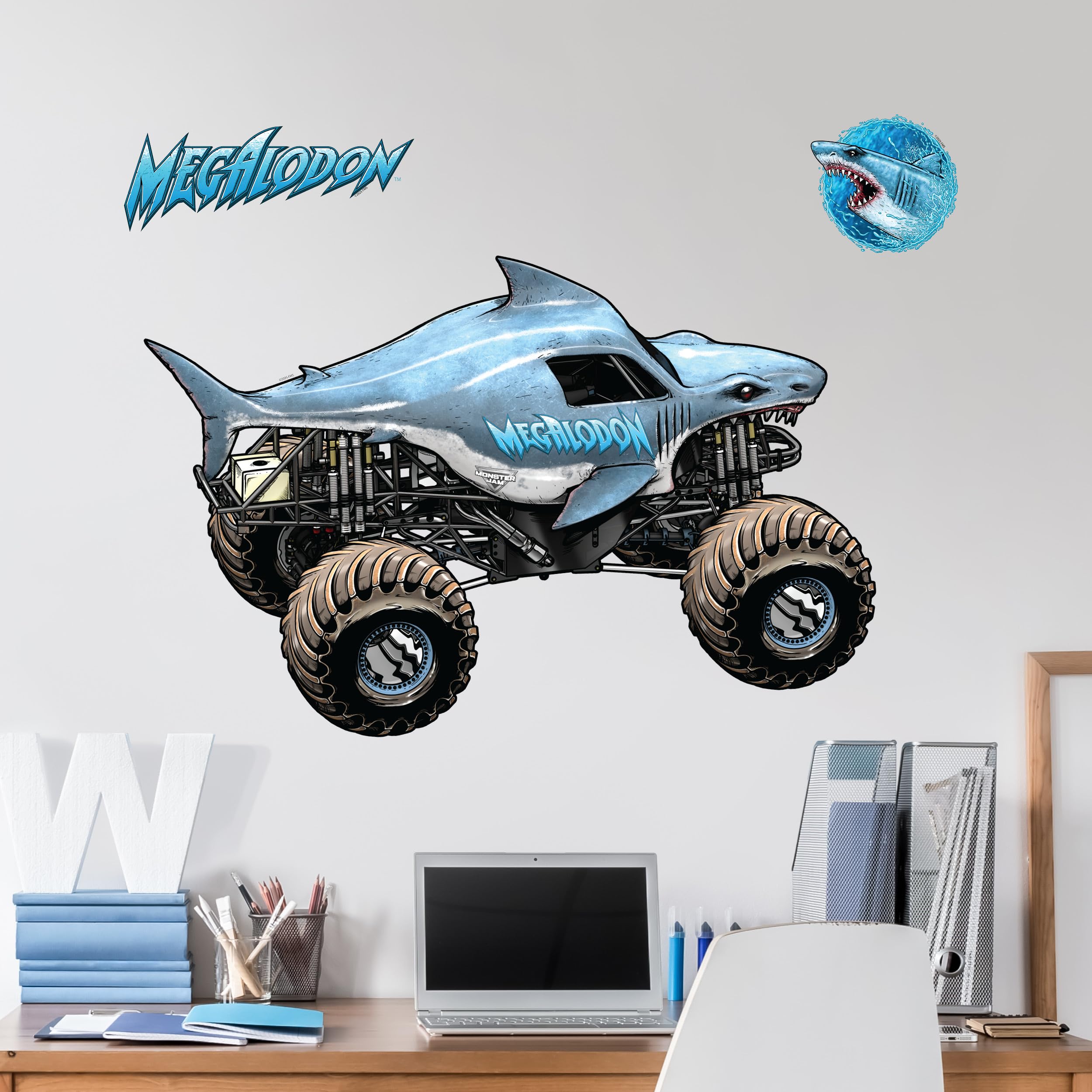 Wall Palz Megalodon truck decal on wall adds bold Monster Jam style to any room