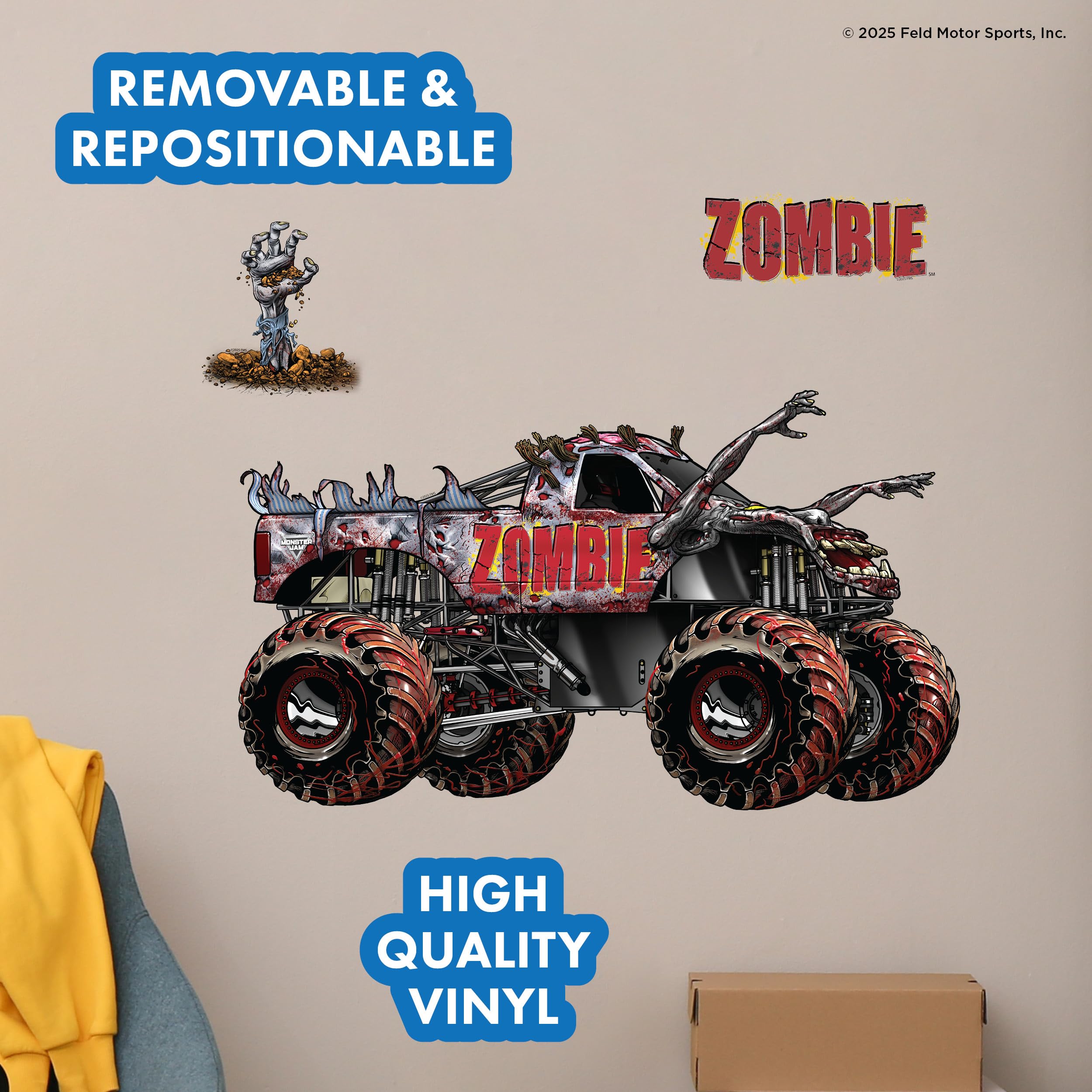 Zombie logo and handprint decal adds authentic Monster Jam flair to playrooms.
