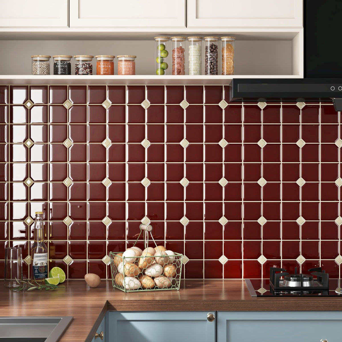 Wallderful Vintage Red Peel and Stick Backsplash front view showing glossy 3D tiles for DIY kitchen upgrade.