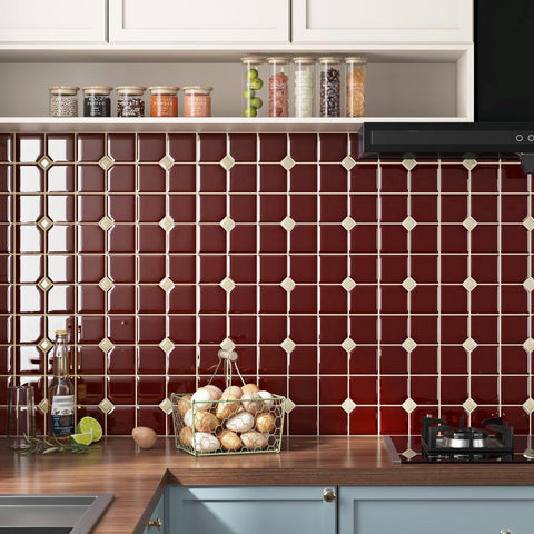 Wallderful Vintage Red Peel and Stick Backsplash front view showing glossy 3D tiles for DIY kitchen upgrade.