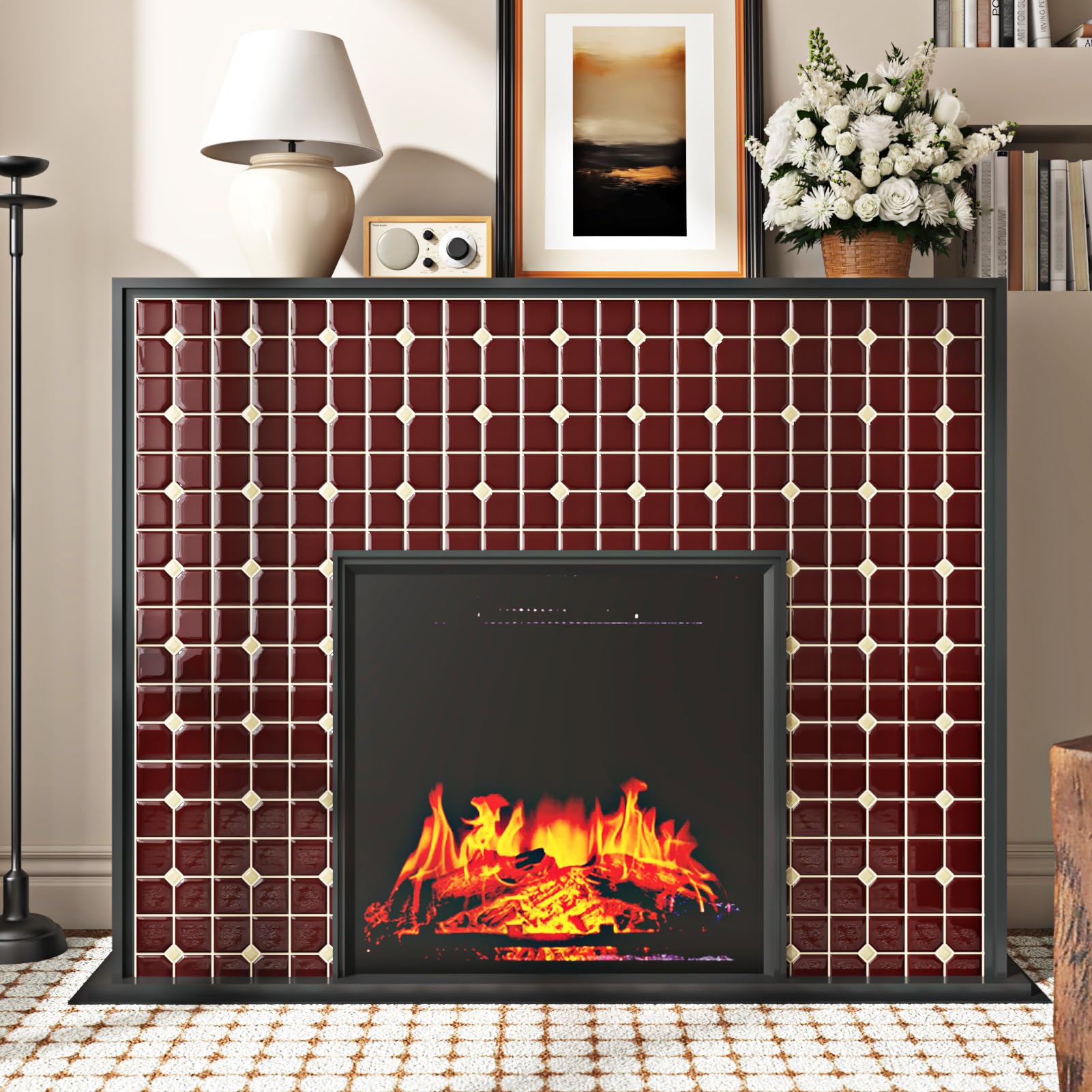 Wallderful Vintage Red Backsplash on kitchen setup highlights easy, tool-free installation.