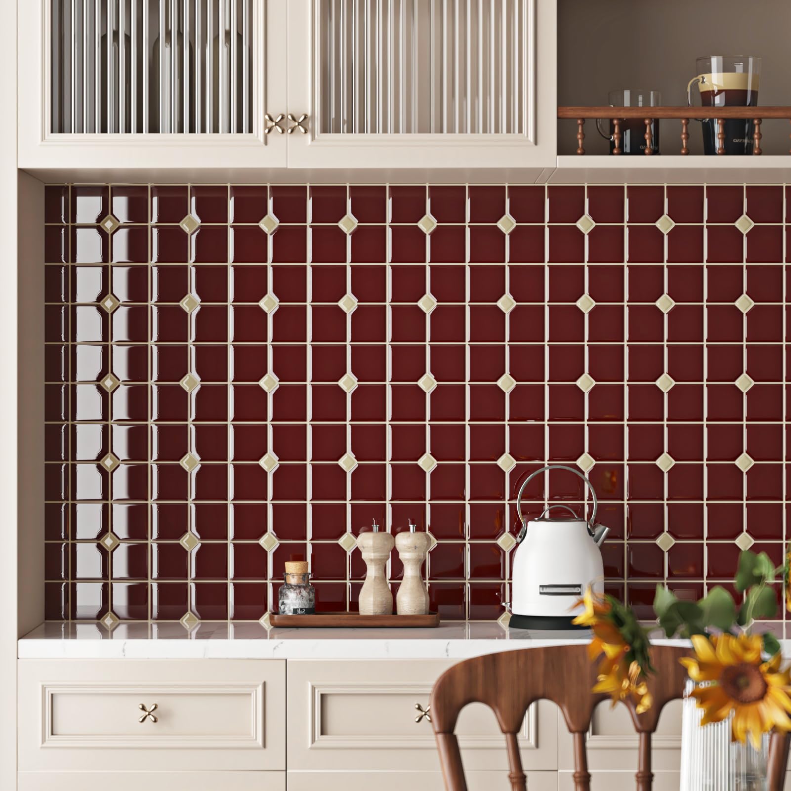 Wallderful red tiles resist humidity and spills for busy kitchens.