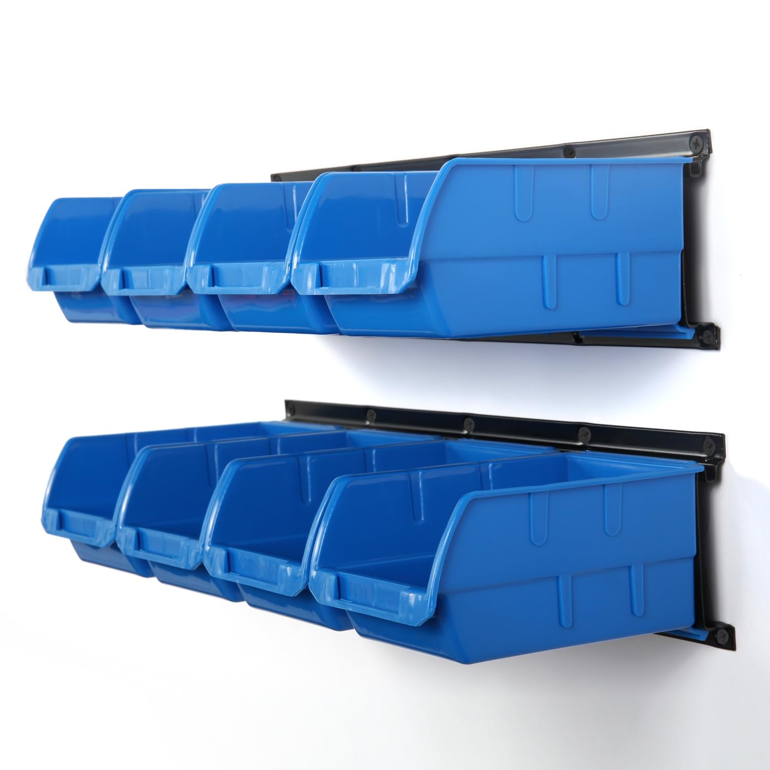 Wallmaster 8-Bin storage bins mounted on wall for easy tool access and organization.