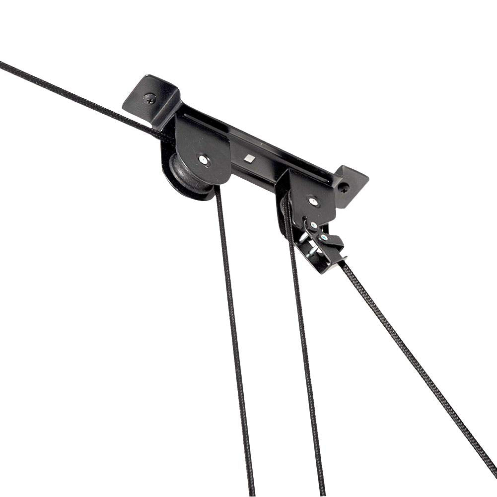 Wallmaster bike pulley system in garage enables easy lifting and lowering of a bike.