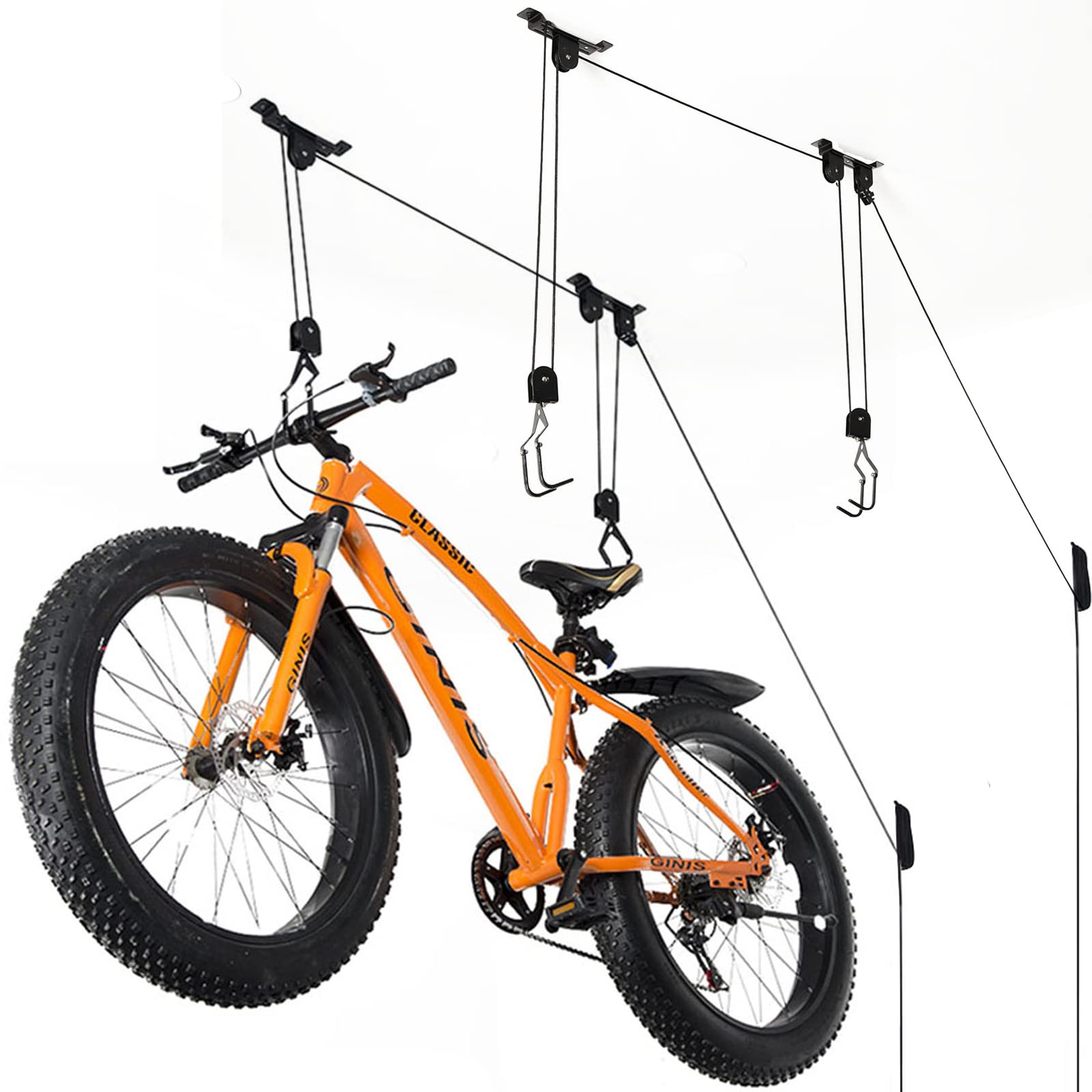 Wallmaster ceiling bike mount hoist secured to a ceiling beam for space-saving storage.